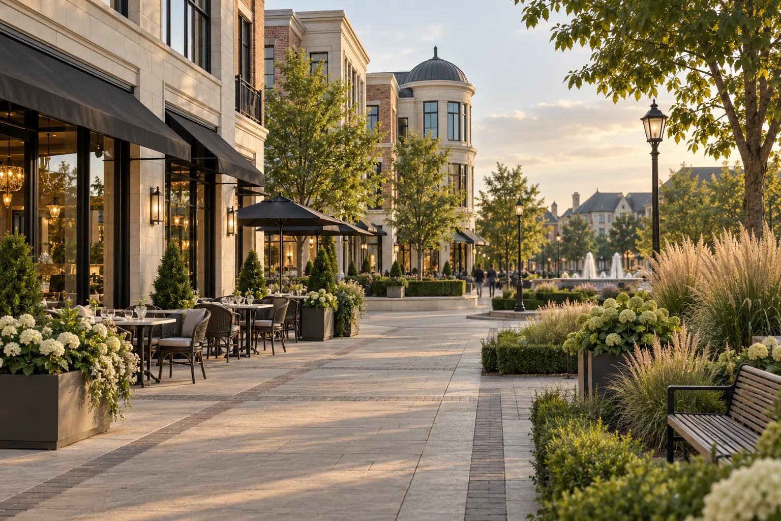 Upscale western-suburb lifestyle district with outdoor dining and landscaped walkways