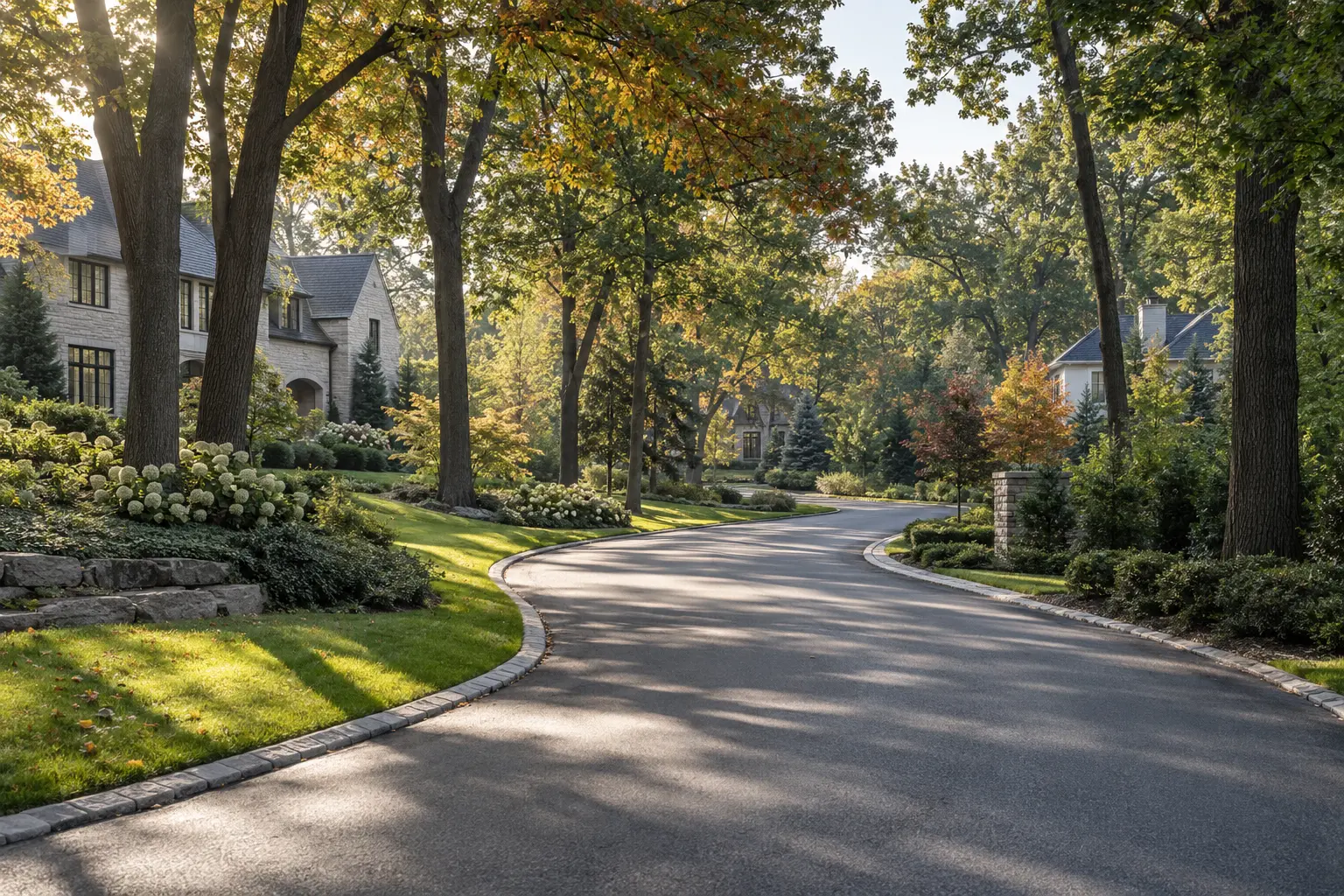 Quiet tree-lined Burr Ridge–inspired residential street with spacious wooded properties