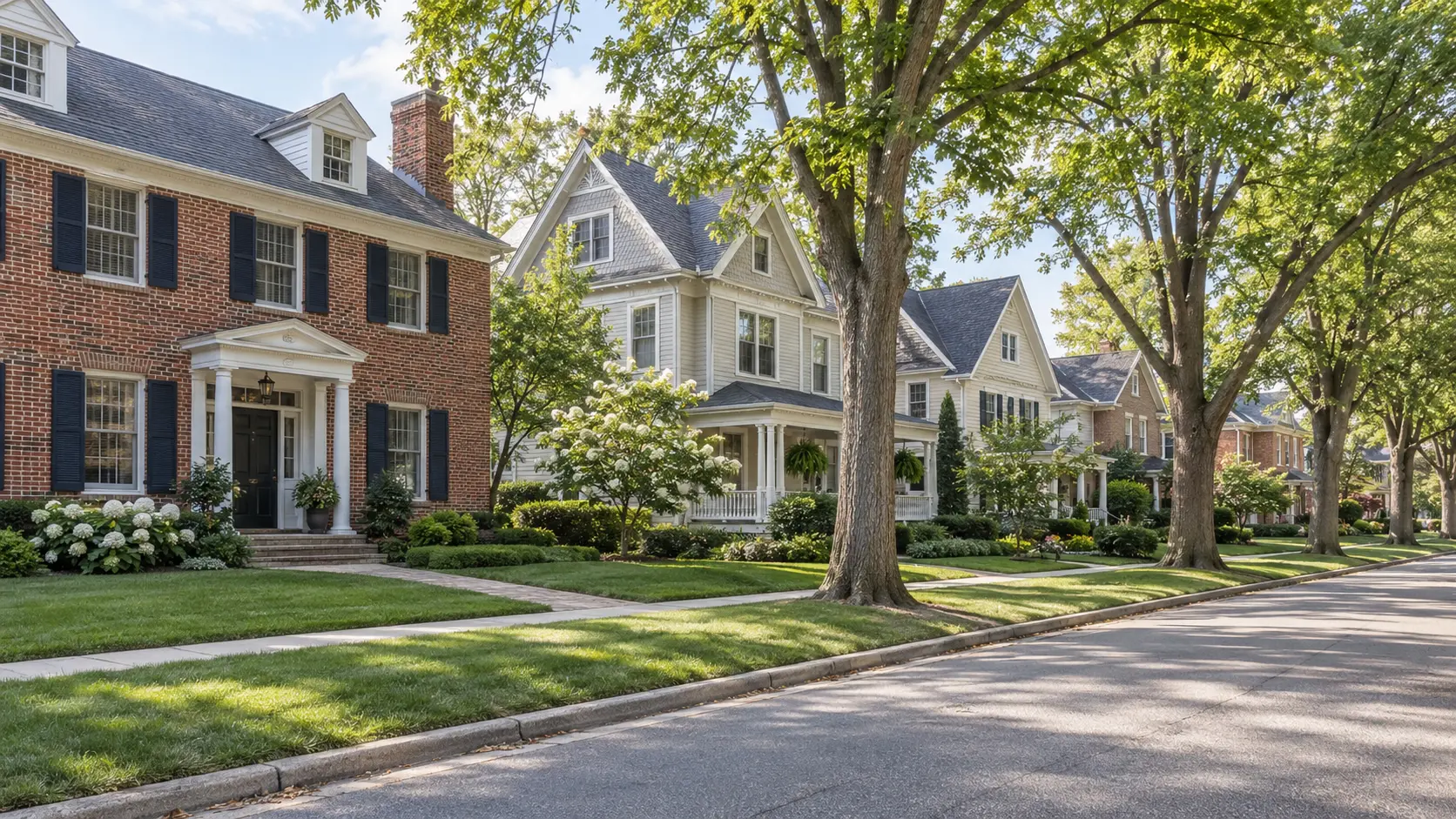 Tree-lined Hinsdale street with classic Colonial Revival and Victorian homes