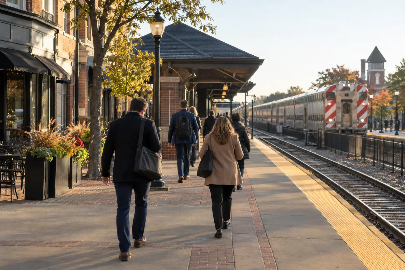 Commuters walking toward a La Grange BNSF Metra station near downtown shops