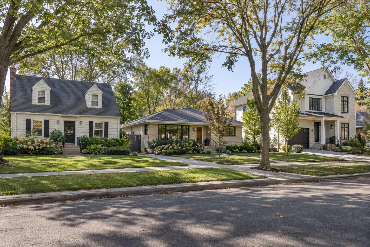 Tree-lined Clarendon Hills street with older detached homes and newer construction