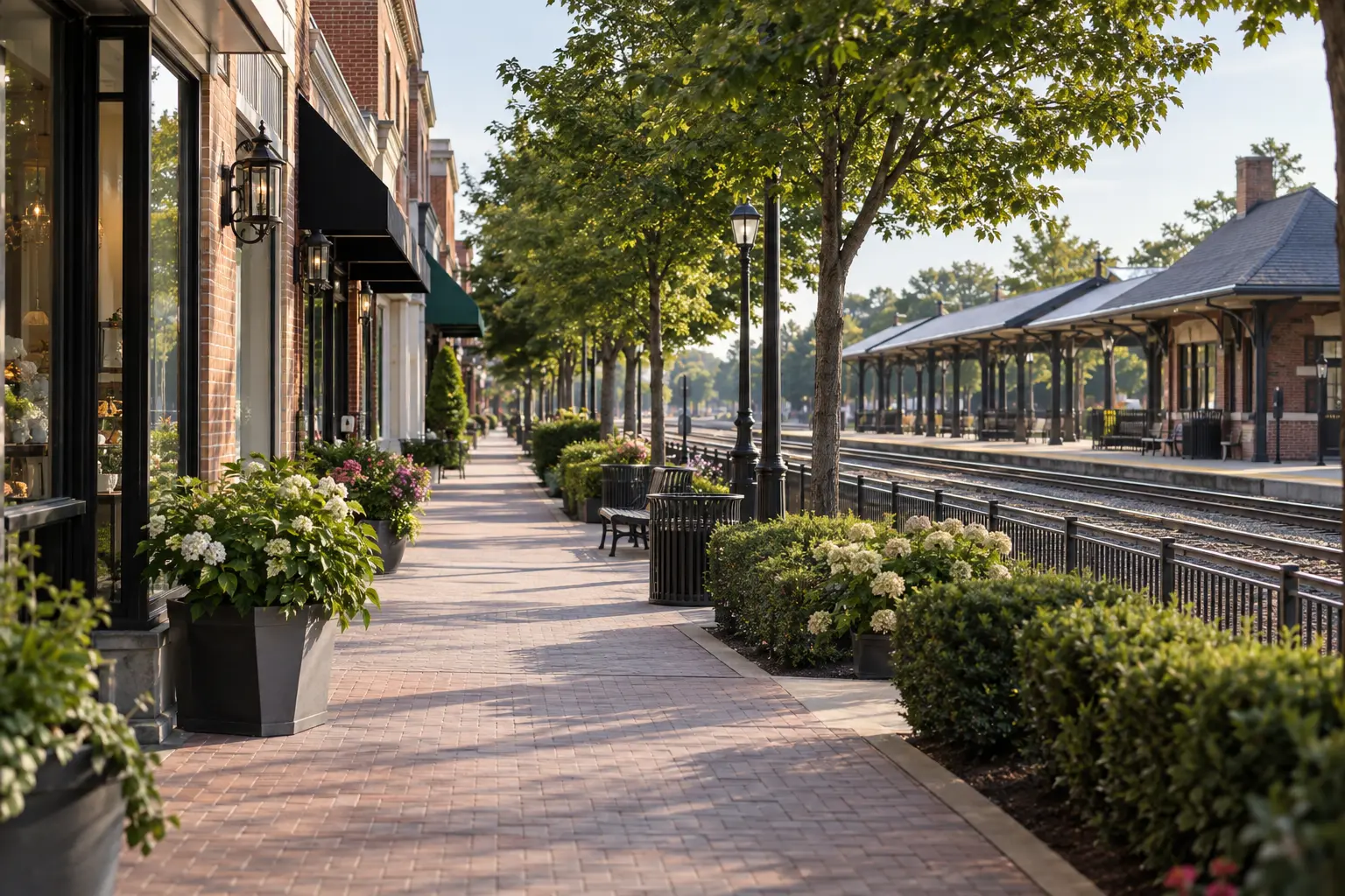 Downtown Hinsdale near the BNSF Metra station with shops along the streetscape