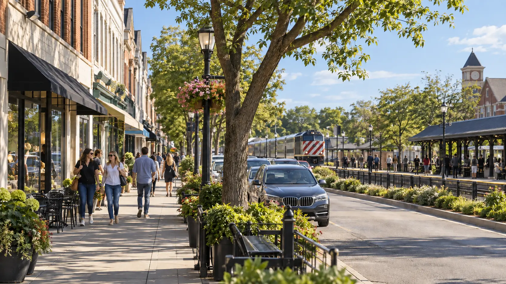 Walkable downtown La Grange streetscape near the Metra line in Illinois