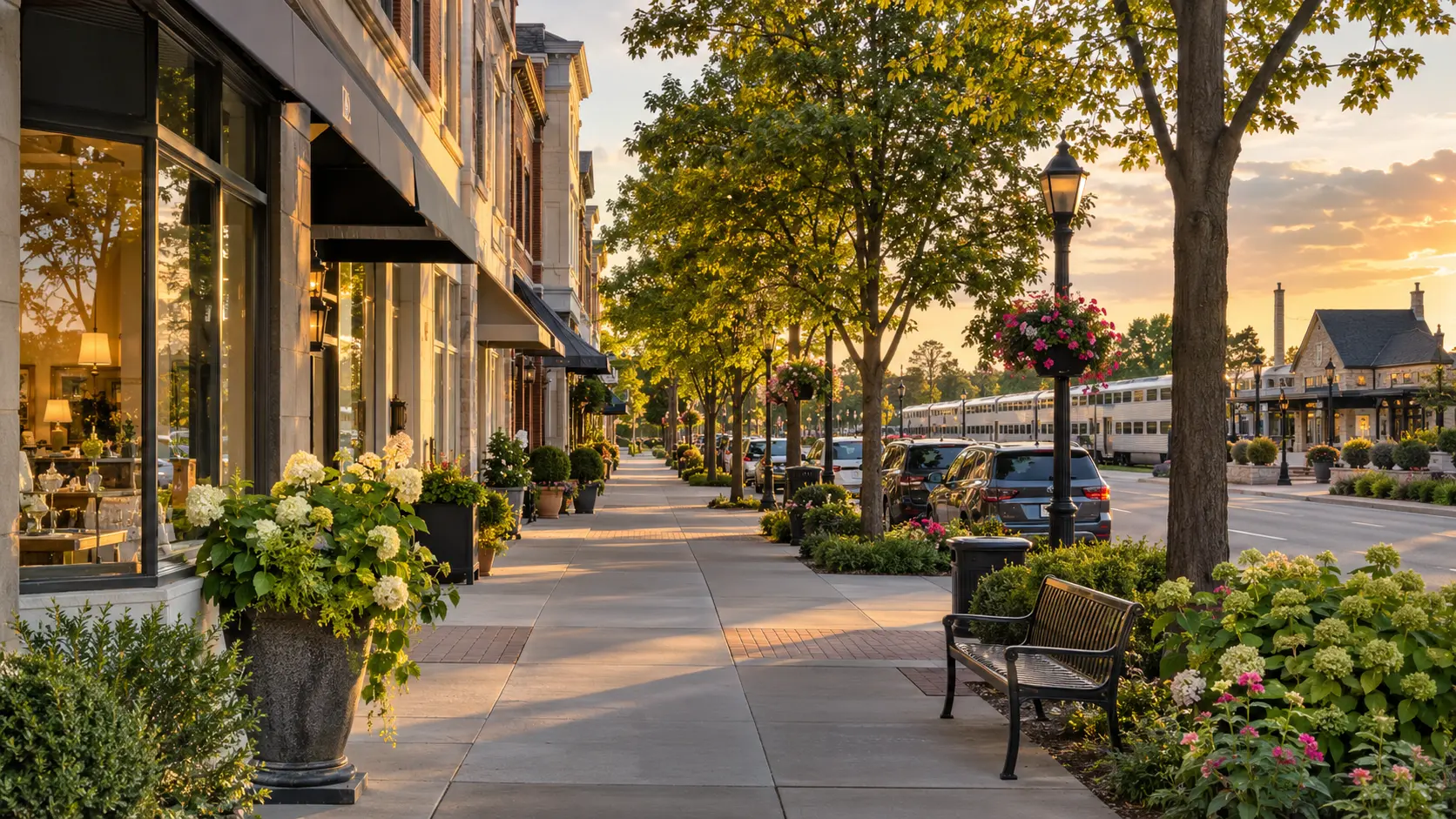 Western Springs–inspired walkable downtown near a commuter rail station