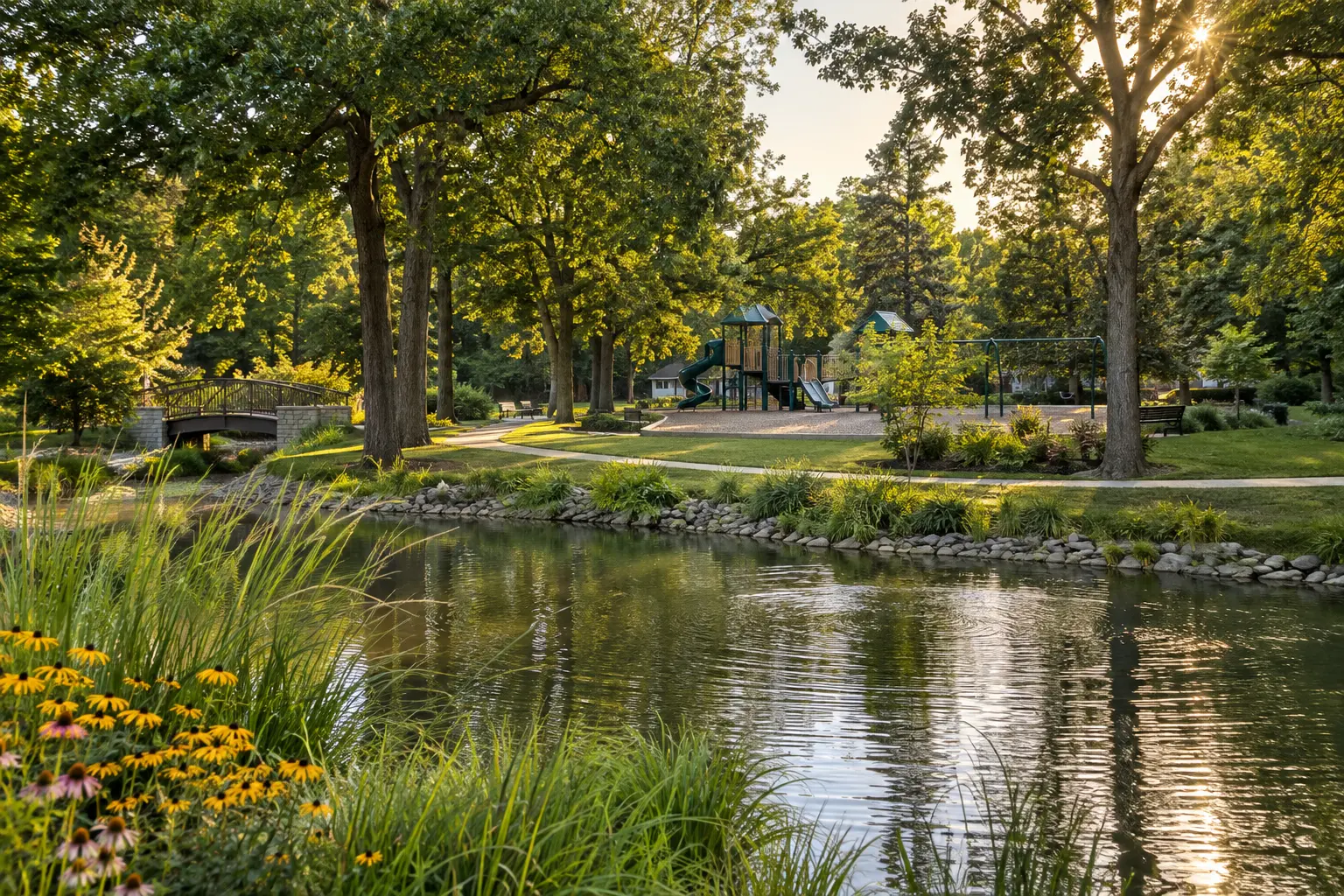Prospect Park pond and playground in Clarendon Hills