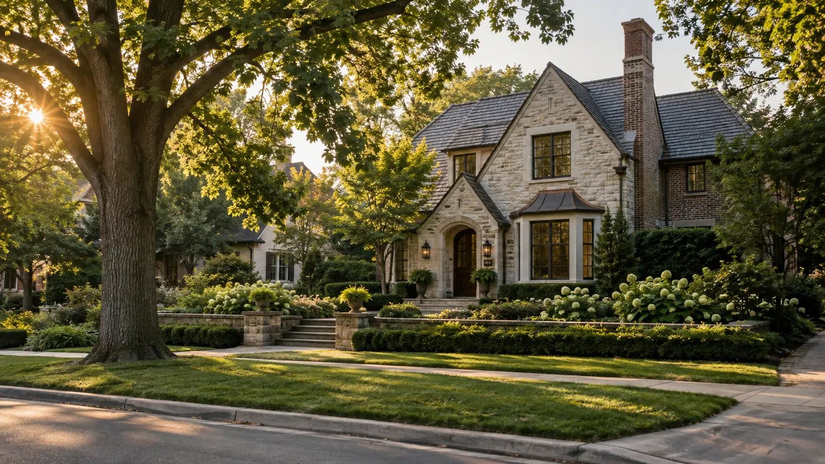 Western Springs–inspired traditional home on a mature tree-lined residential street
