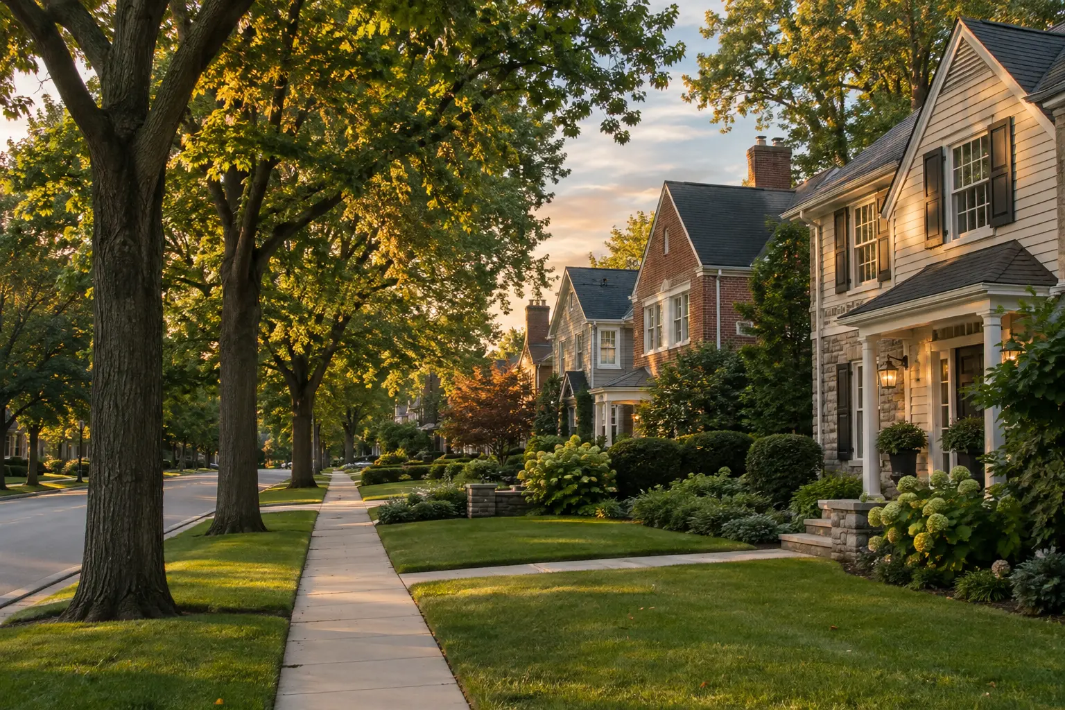 Leafy Western Springs–inspired neighborhood street with classic homes and sidewalks