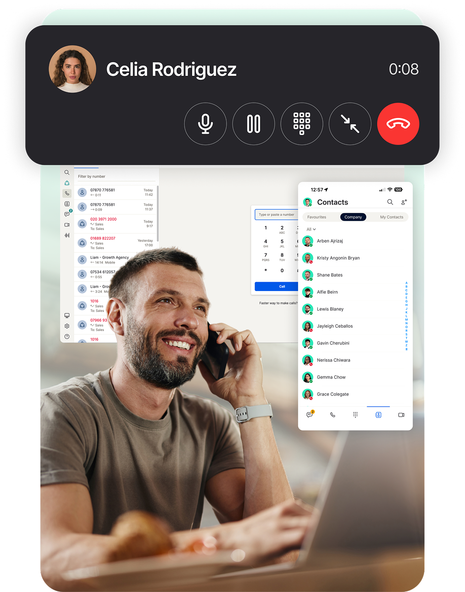 Estate agent on a call using the CRE phone system on desktop and mobile