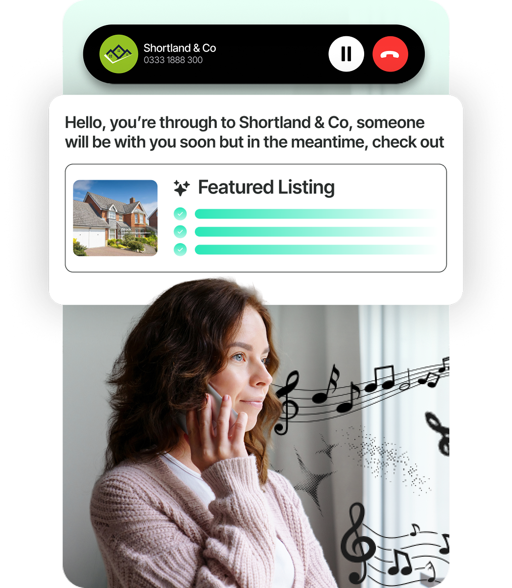 Custom on-hold message promoting a featured listing while a caller waits
