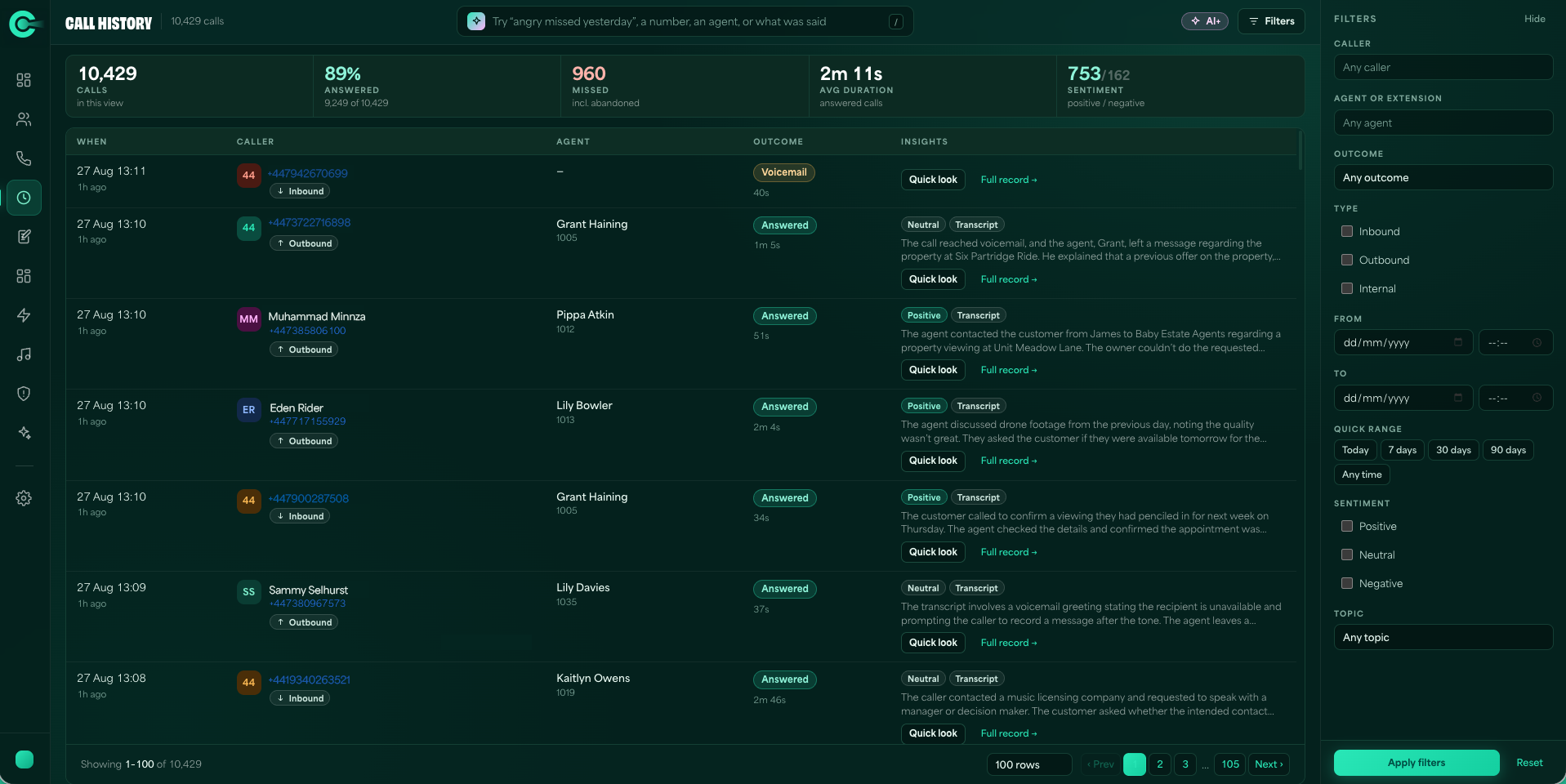 CRE Connect call history