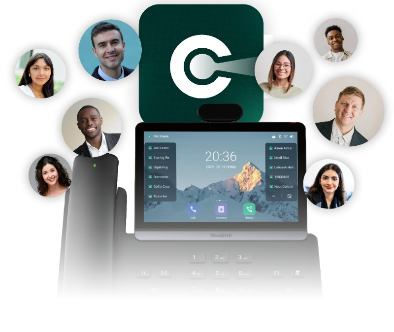 CRE Connect running on a CRE desk phone, surrounded by estate agents