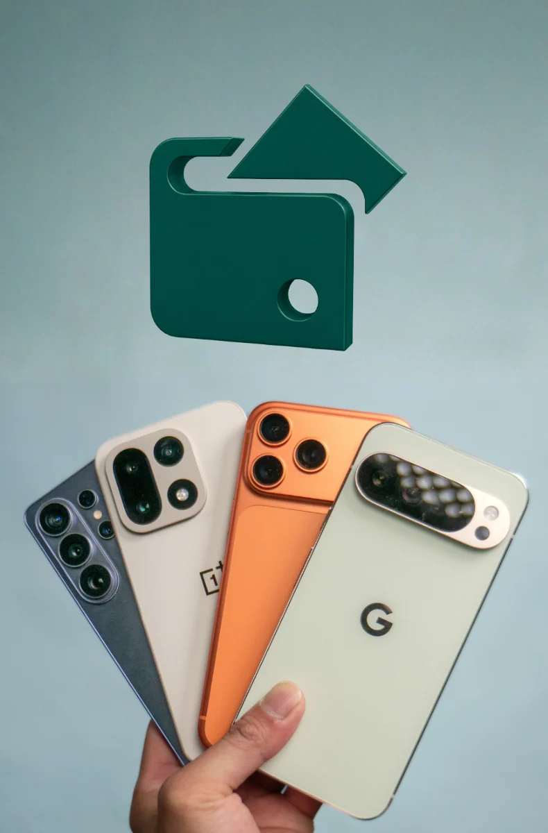 A hand fanning out four smartphones beneath a wallet icon