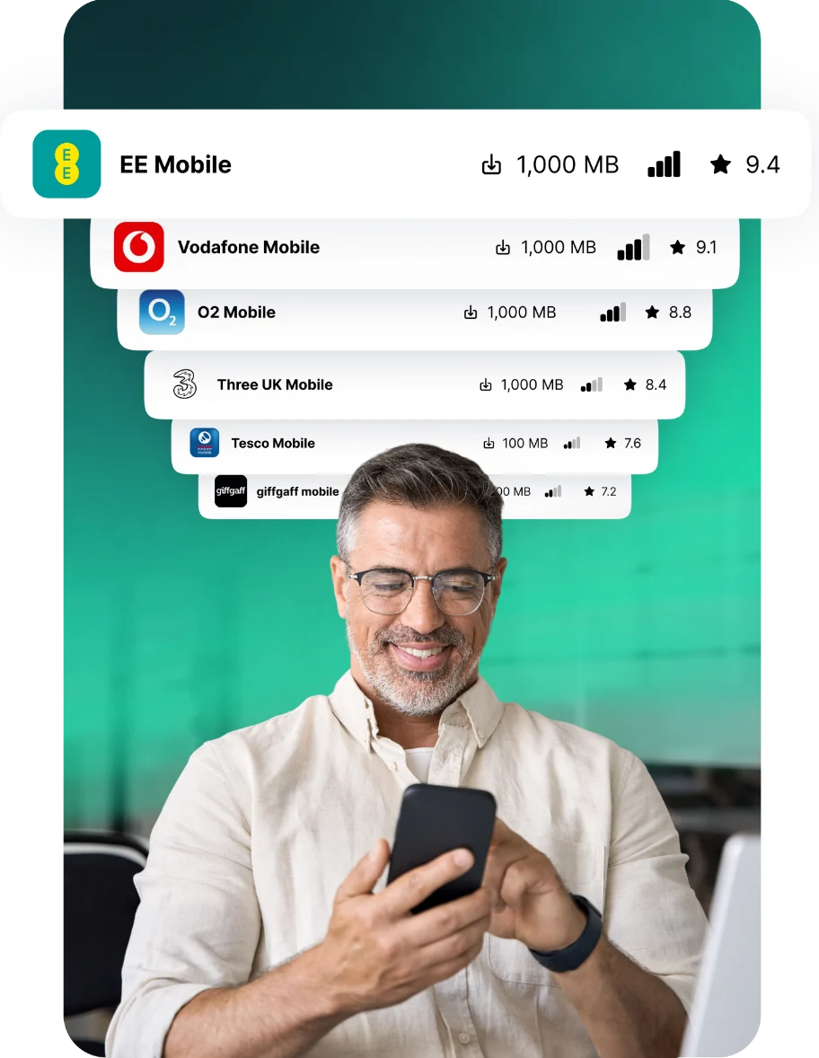 Mobile networks ranked by coverage above an agent using his phone