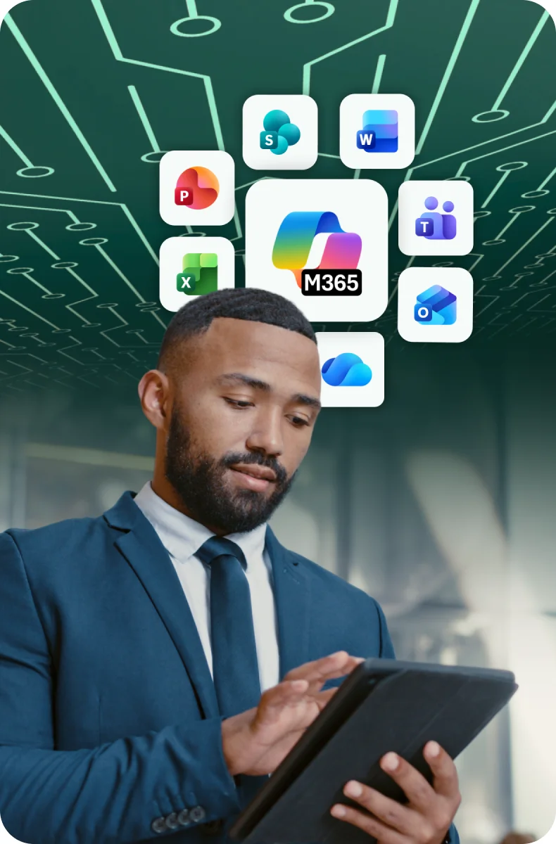 Professional using a tablet beneath Microsoft 365 app icons