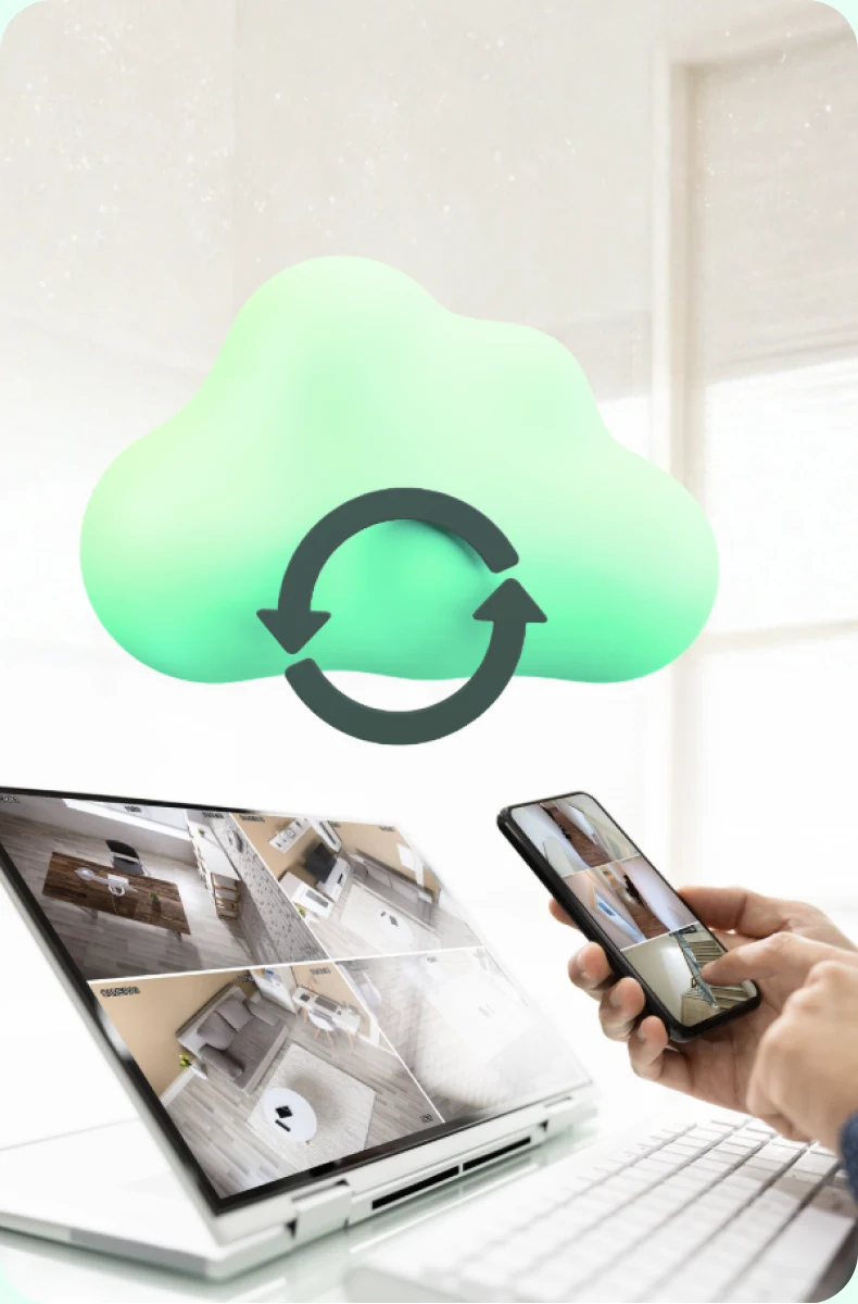CCTV footage viewed on a laptop and phone with cloud backup