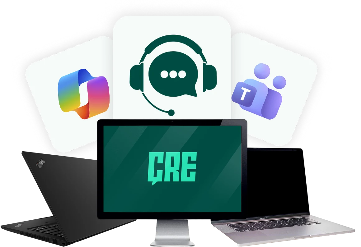 CRE-branded monitor and laptops with Microsoft 365, Teams and IT helpdesk icons