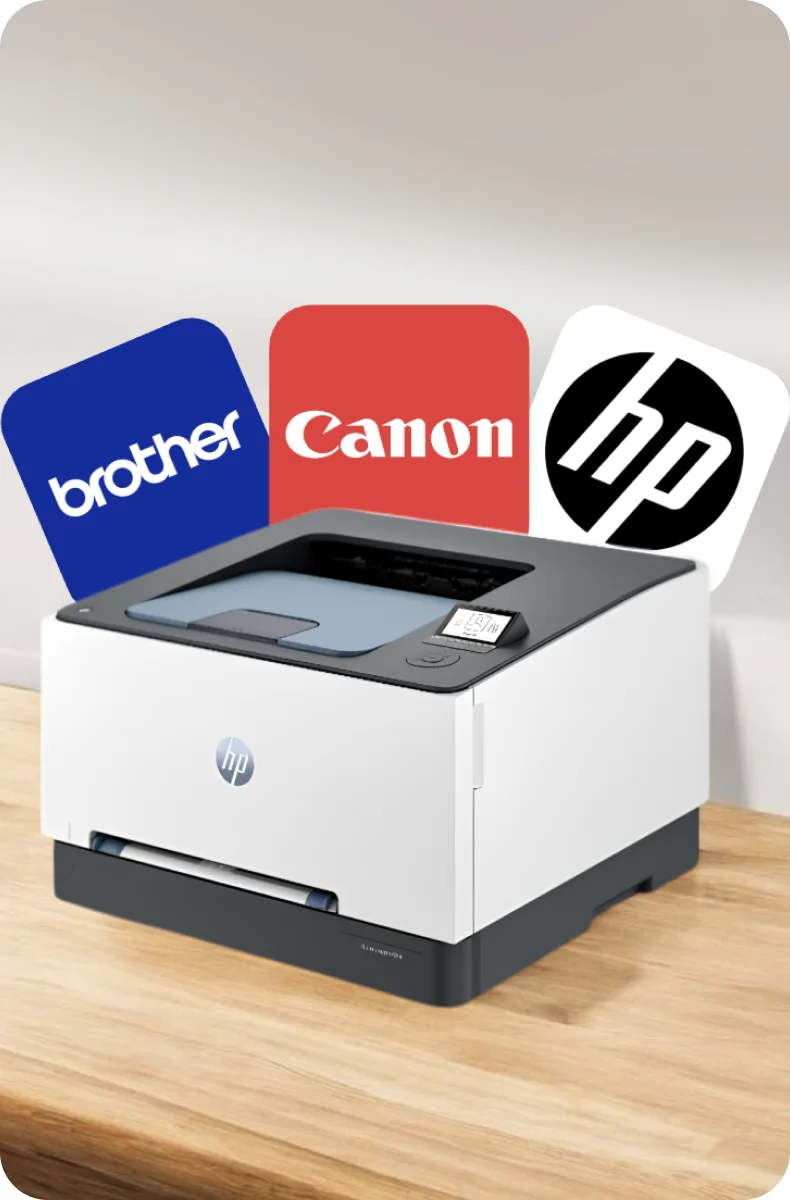 HP office printer with Brother, Canon and HP logos