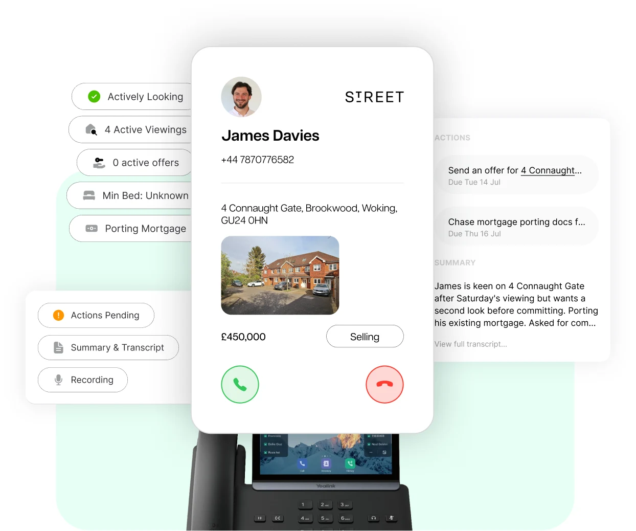 Street customer record popping up on an incoming call, with AI summary and actions