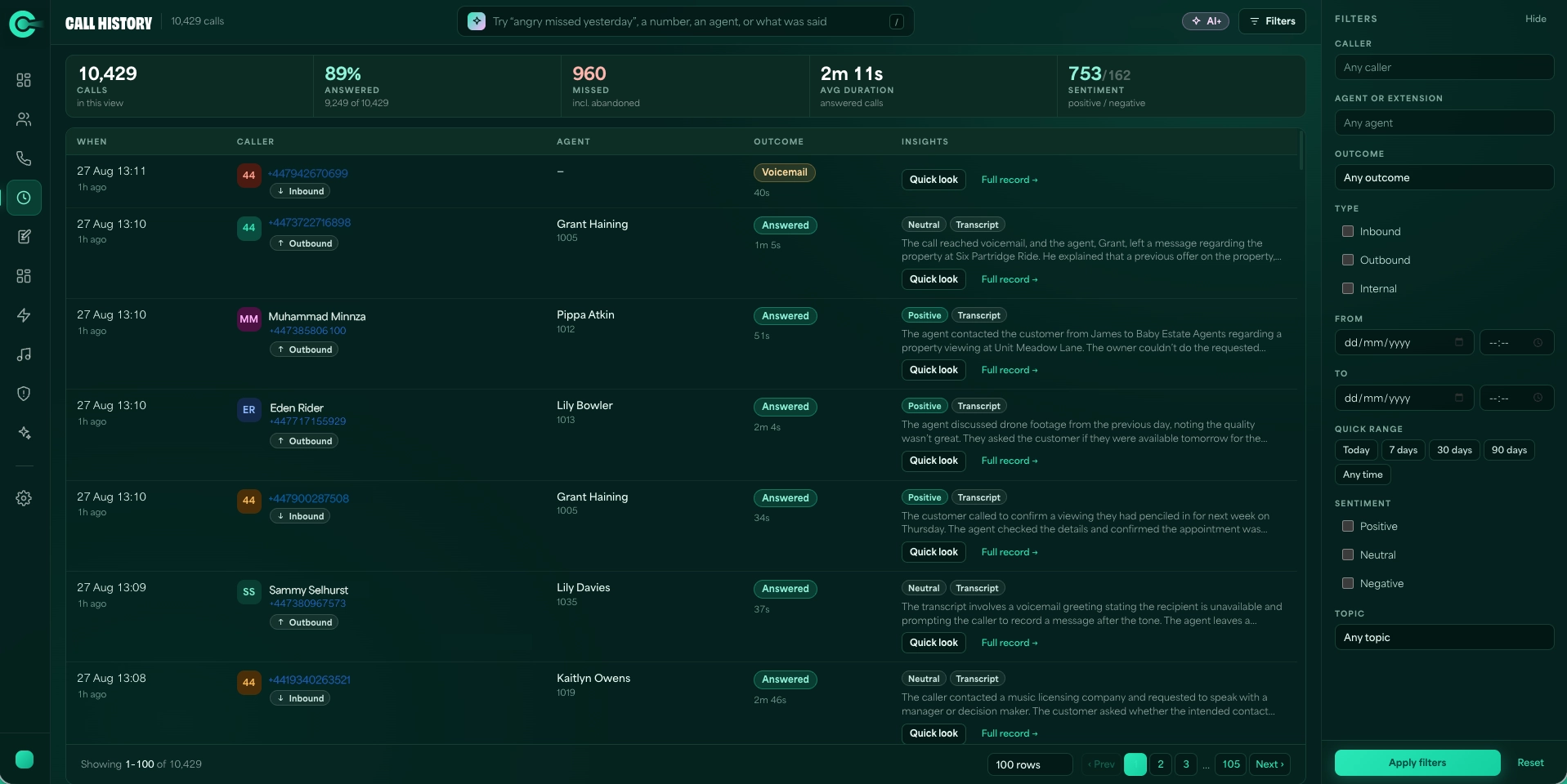 CRE Connect Call History screen