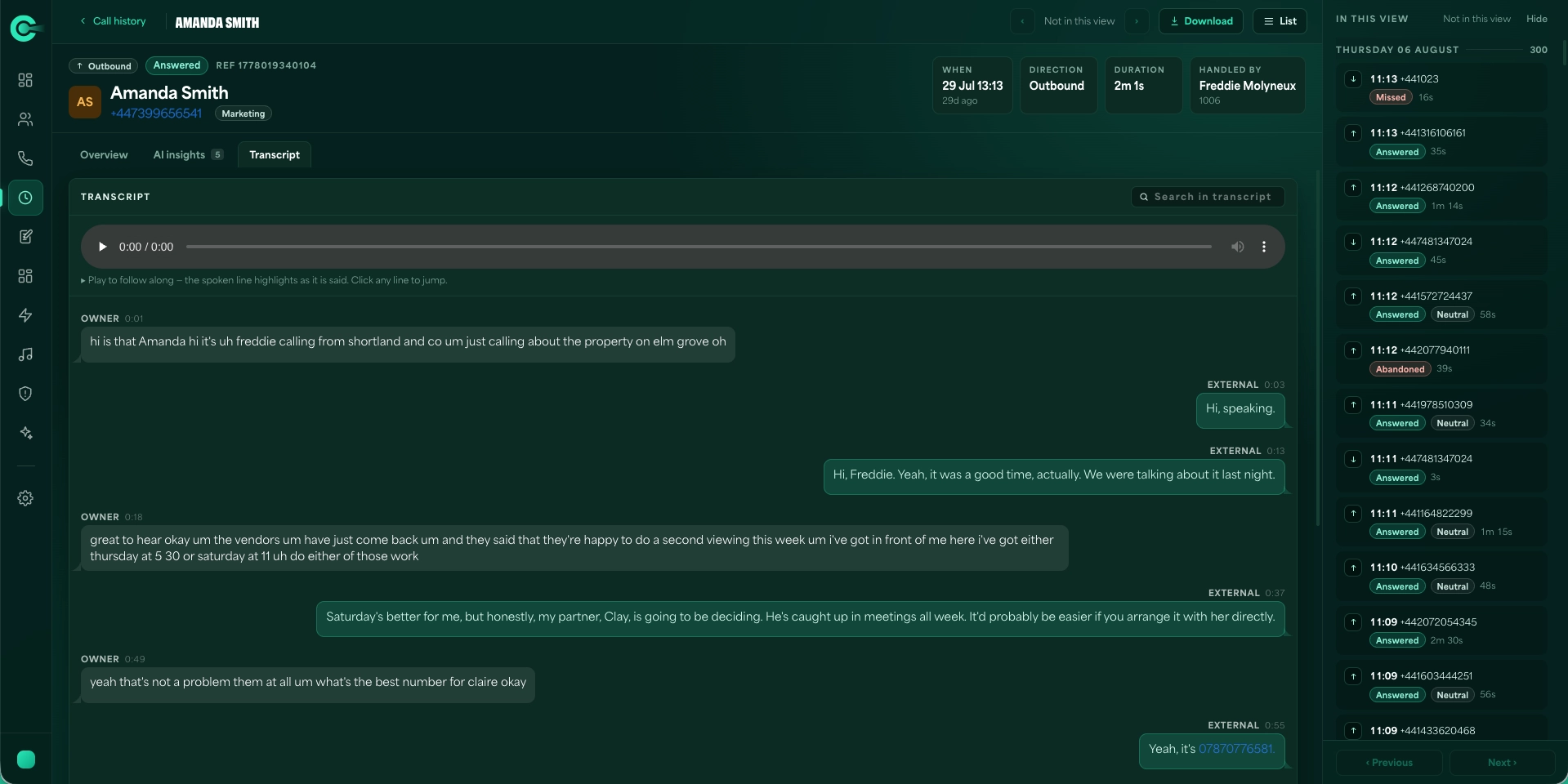 CRE Connect Transcription screen