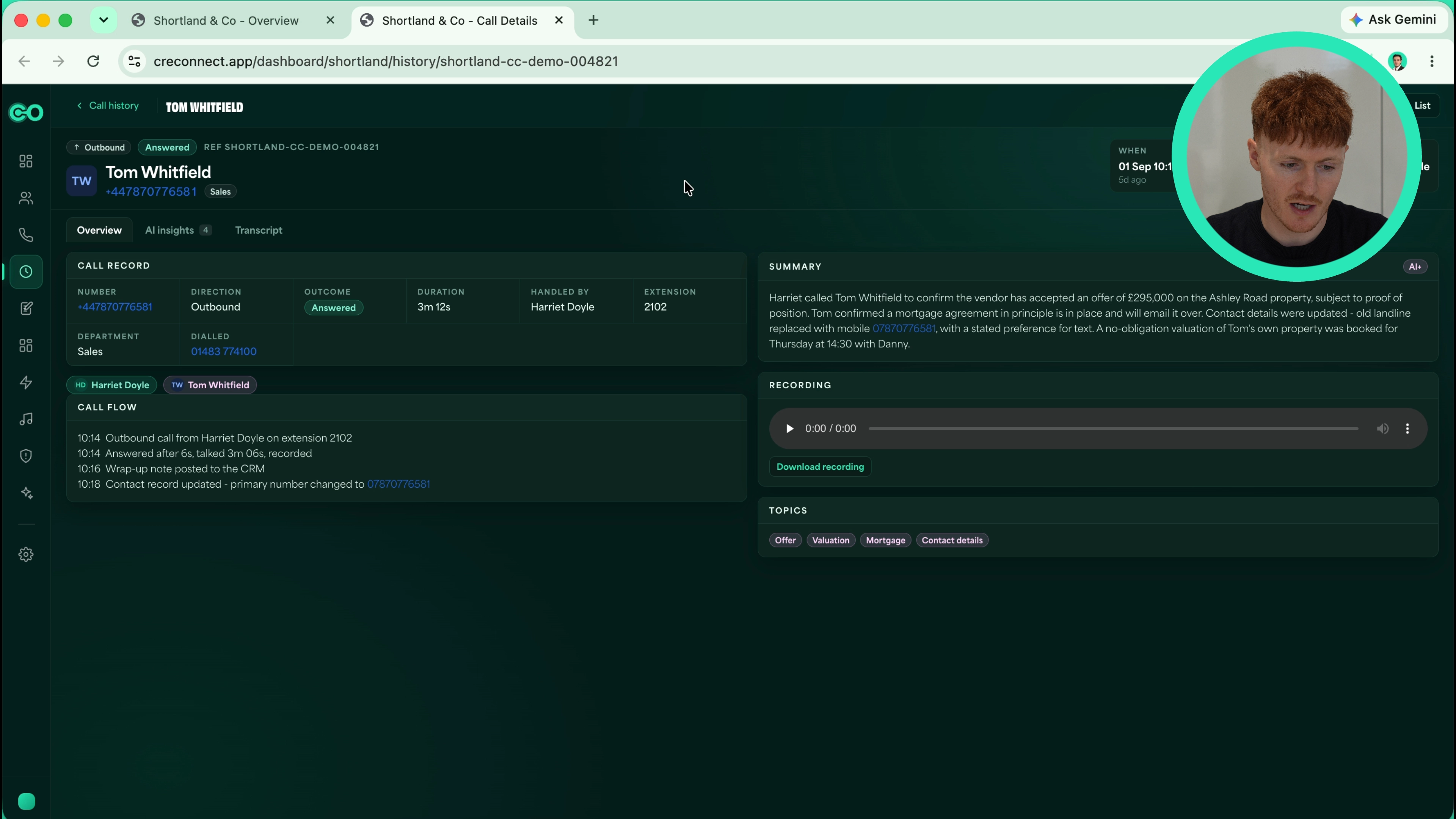Calvin walking through the CRE Connect call history screen