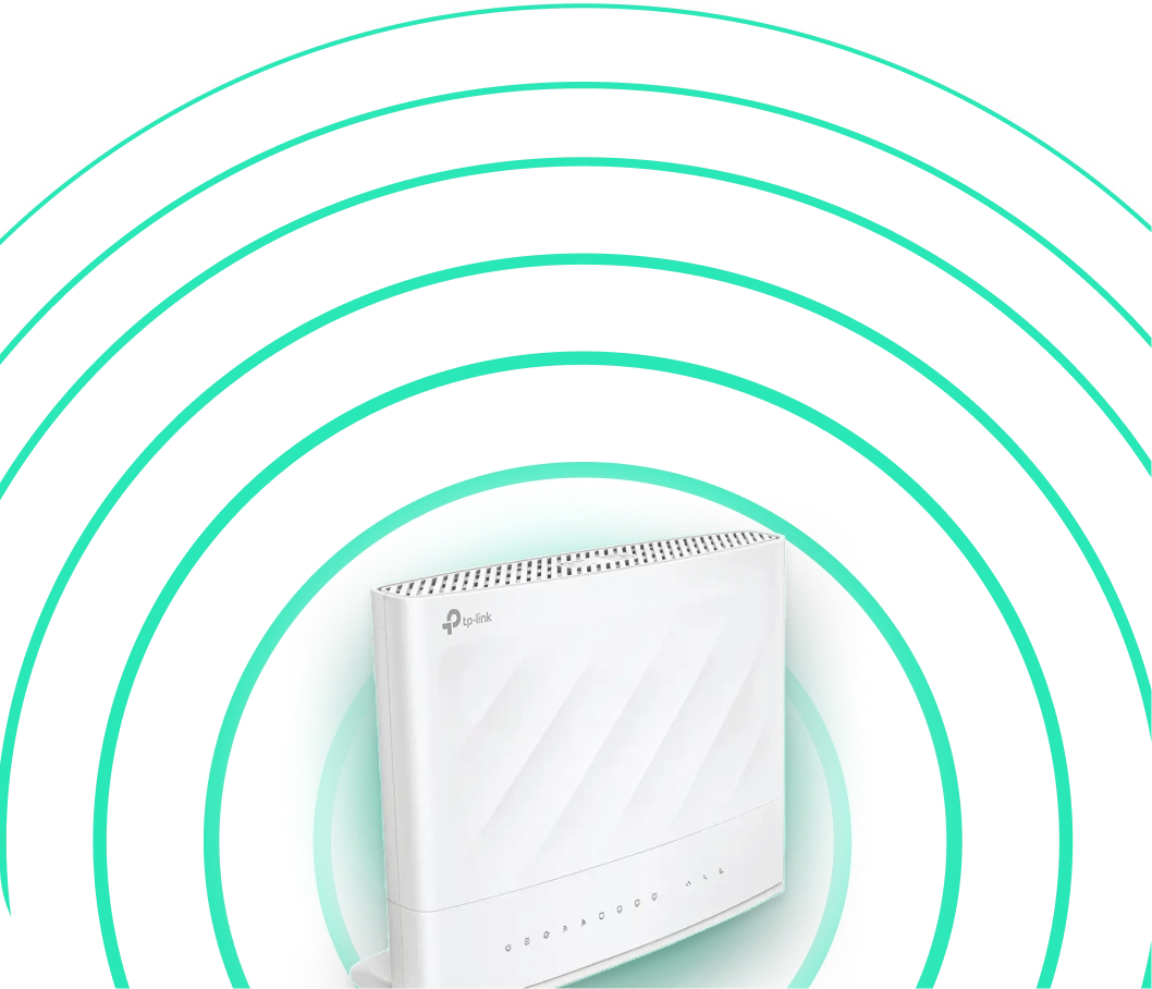 White broadband router surrounded by Wi-Fi signal rings
