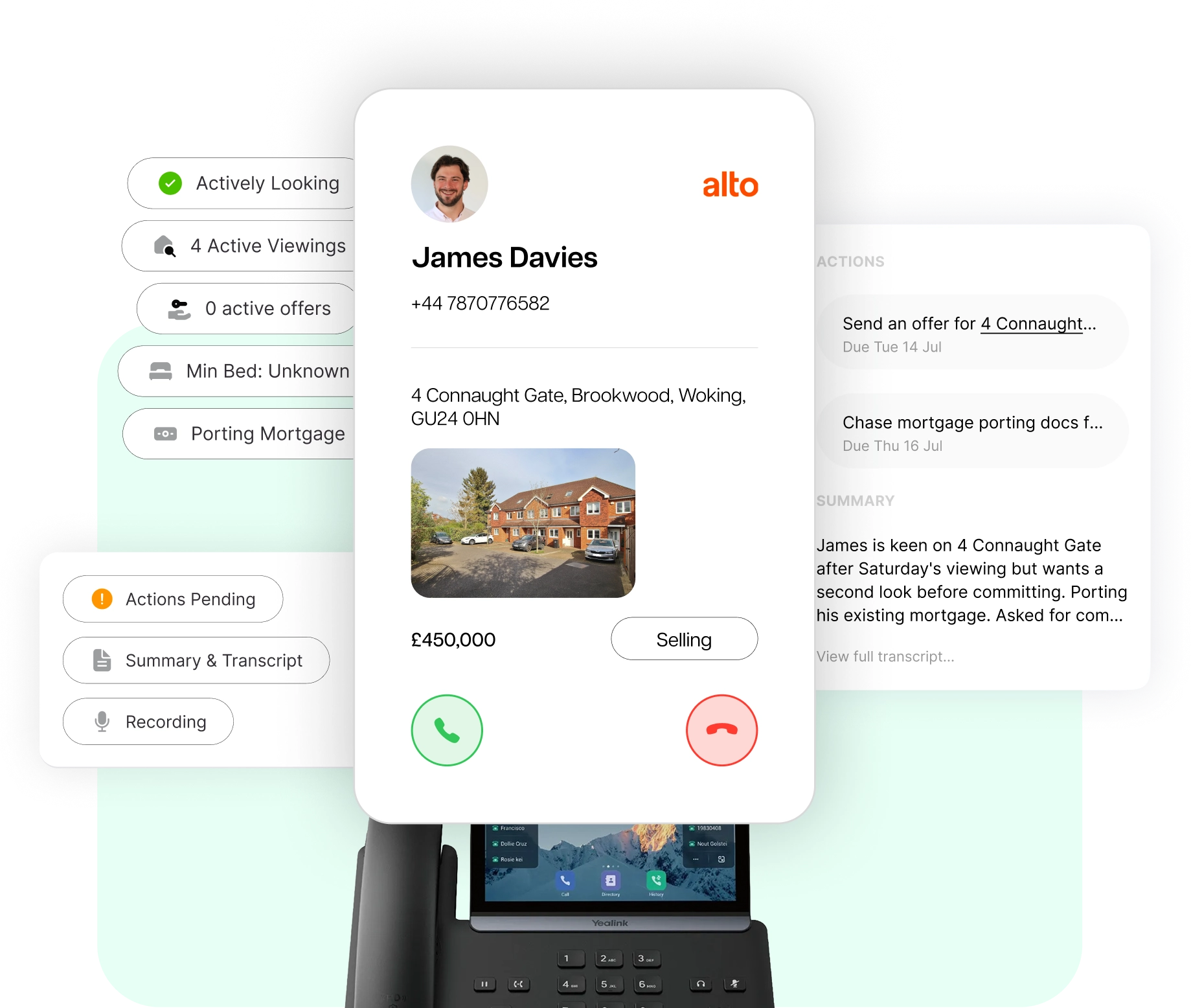 Alto customer record popping up on an incoming call, with AI summary and actions