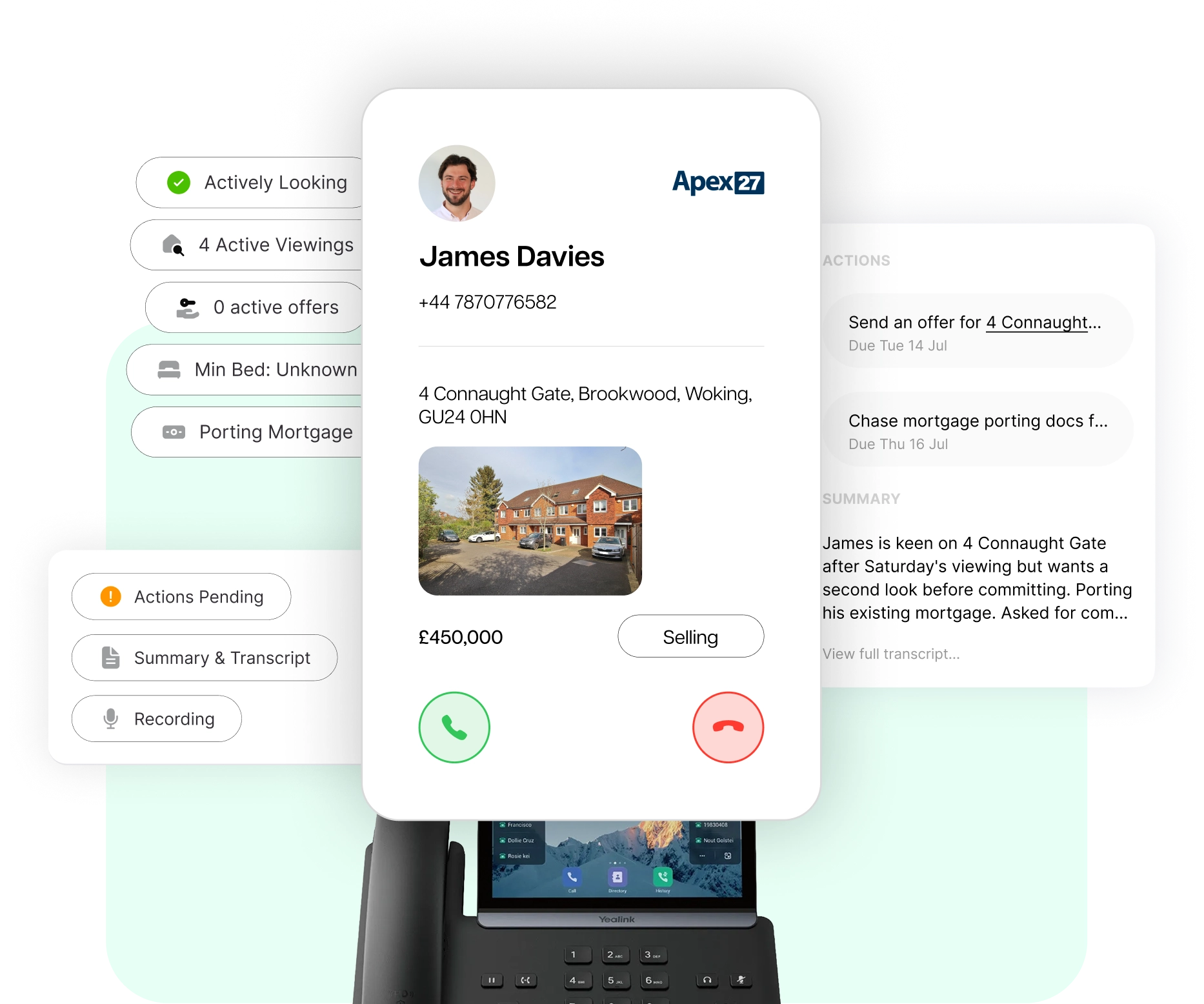 Apex27 customer record popping up on an incoming call, with AI summary and actions