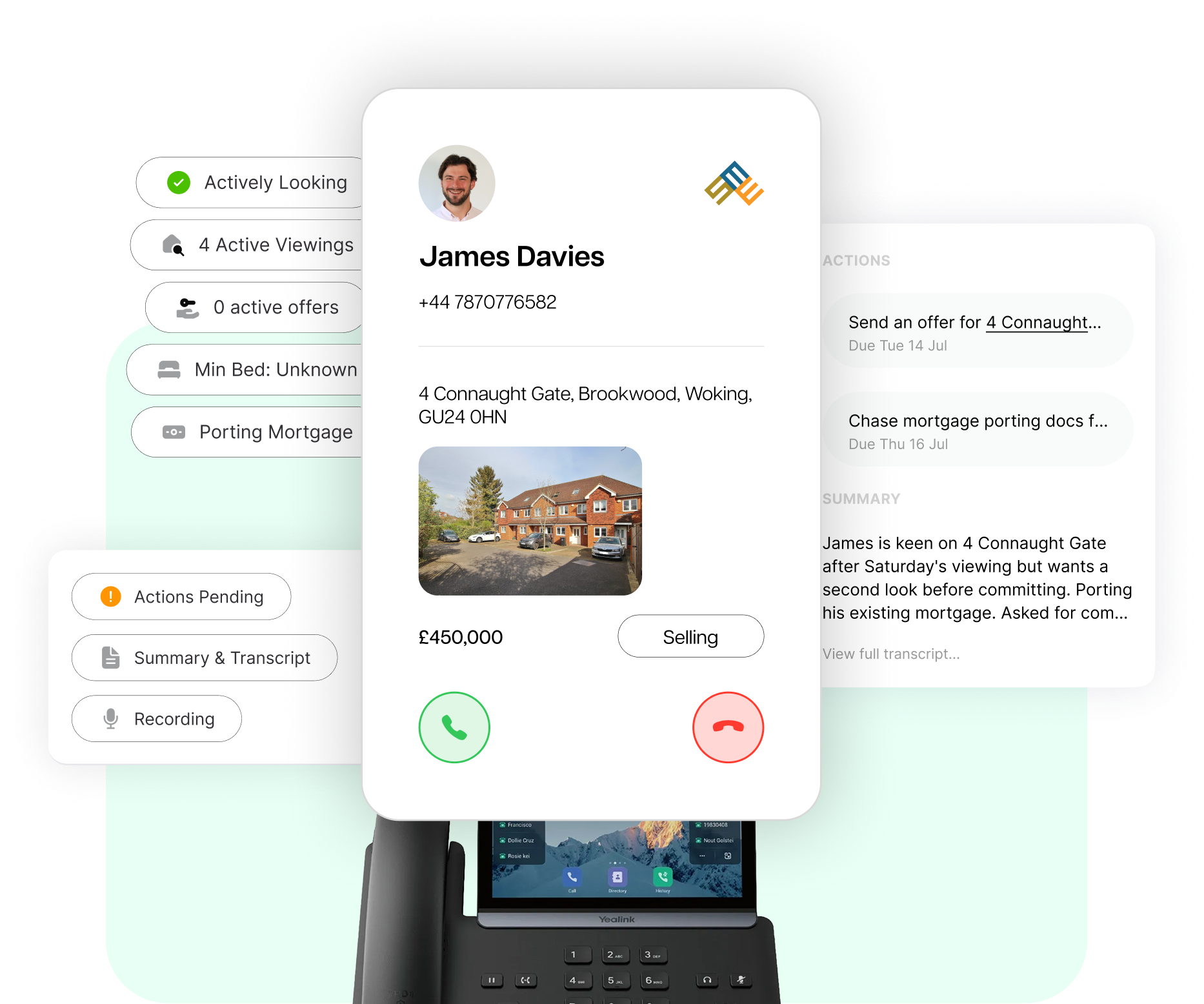 Apex27 customer record popping up on an incoming call, with AI summary and actions