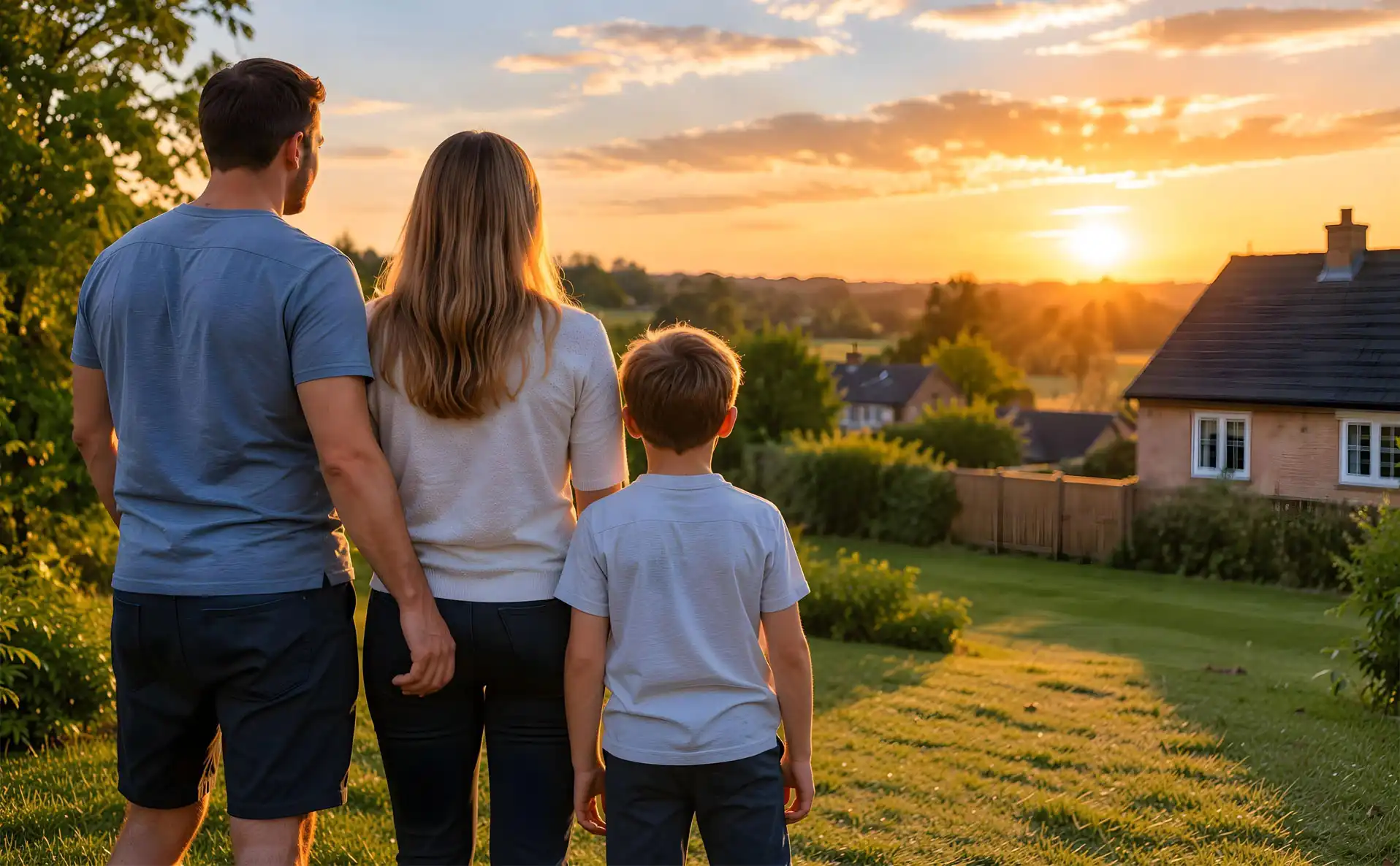 Family standing together at sunset overlooking homes and countryside landscape