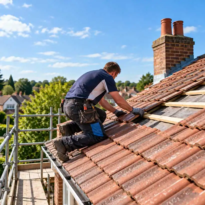 Roofer installing clay tiles on pitched residential roof with scaffolding, captured in wide outdoor view showing surrounding neighborhood and clear sky