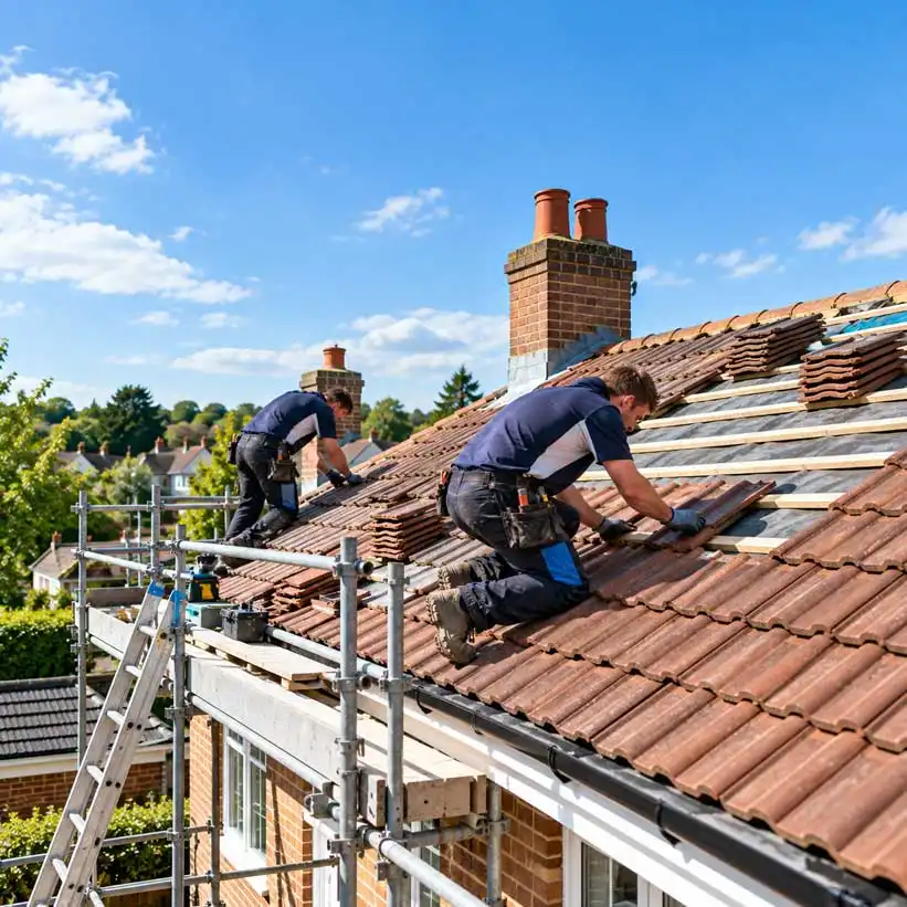 Two roofers working on a pitched residential roof with scaffolding, installing tiles in a clean and organized outdoor setting with surrounding neighborhood visible