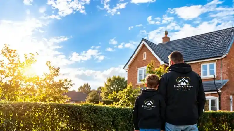 Father and son in matching Perfect & Sons Roofing hoodies stand facing a sunlit brick home, showcasing family trust and residential roofing craftsmanship in a warm suburban setting