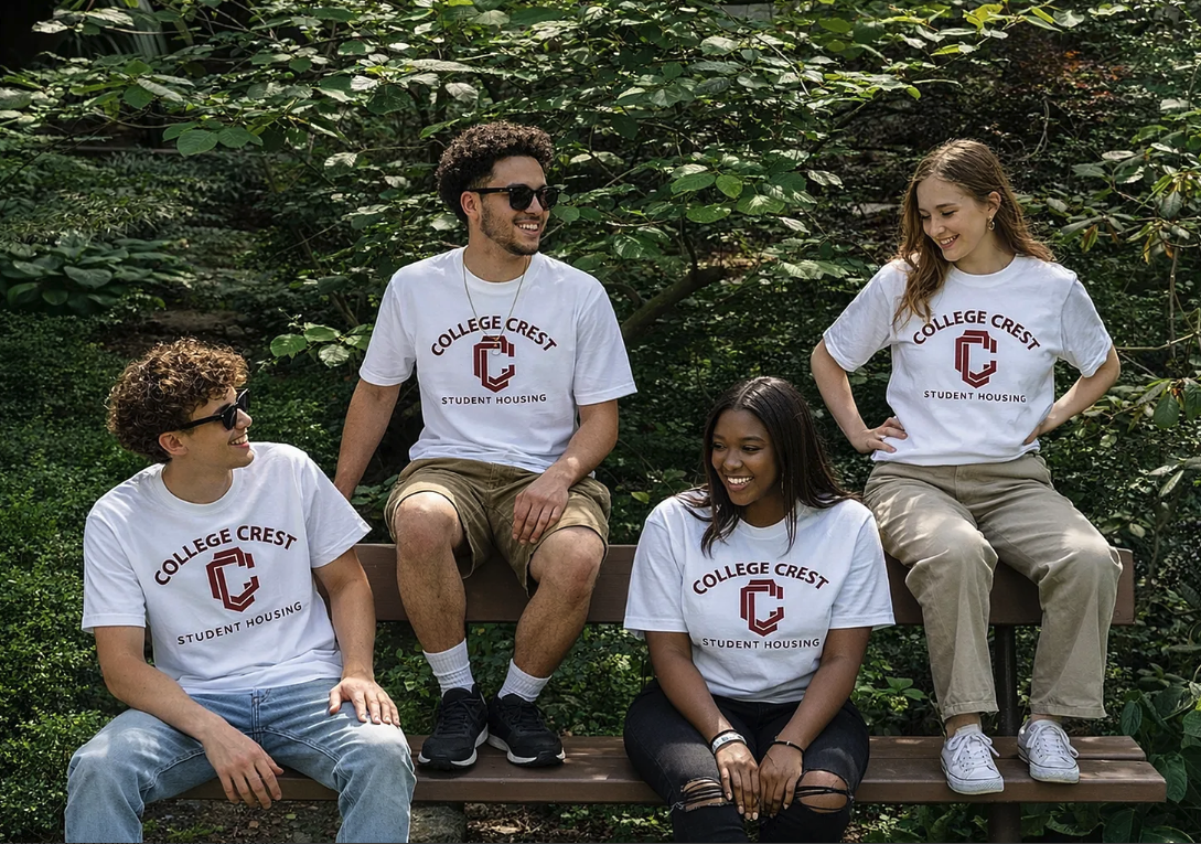 People sitting on bench wearing merch from property