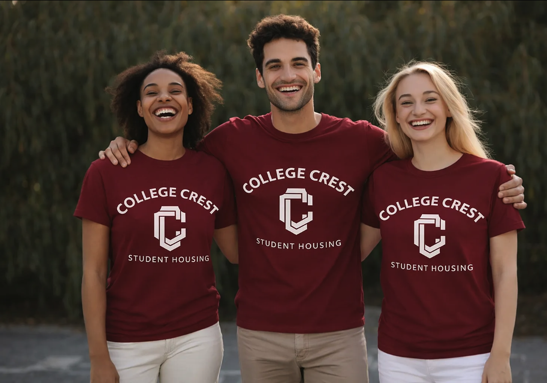 Two girls and one guy in college crest shirts