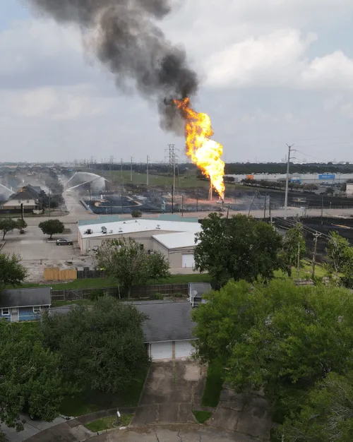 Fire at petrochemical facility near a neighborhood.