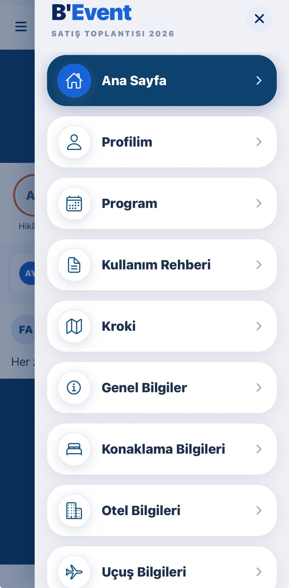 Eventra uygulaması menü ekranı