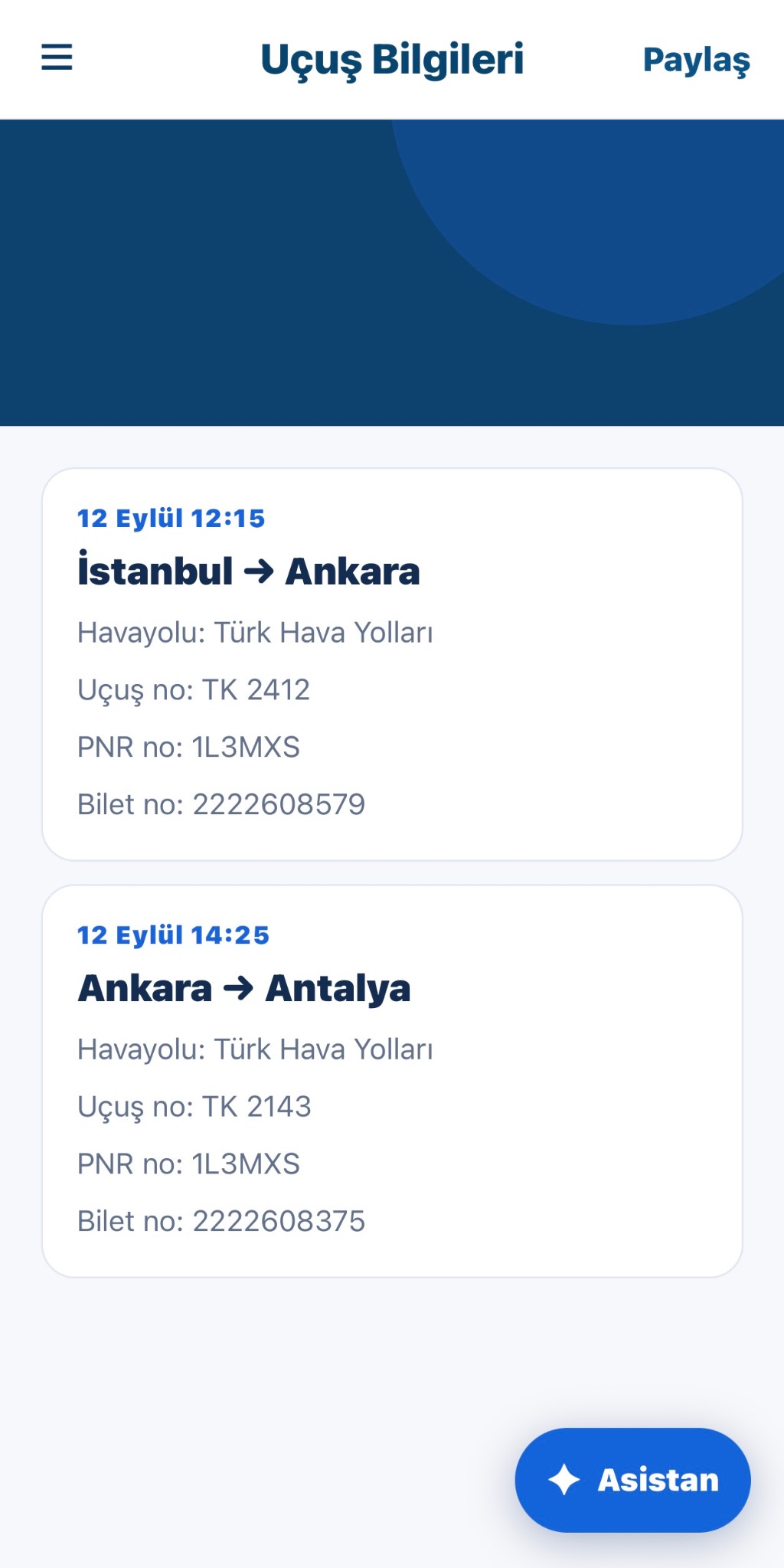 Eventra uçuş bilgileri ekranı