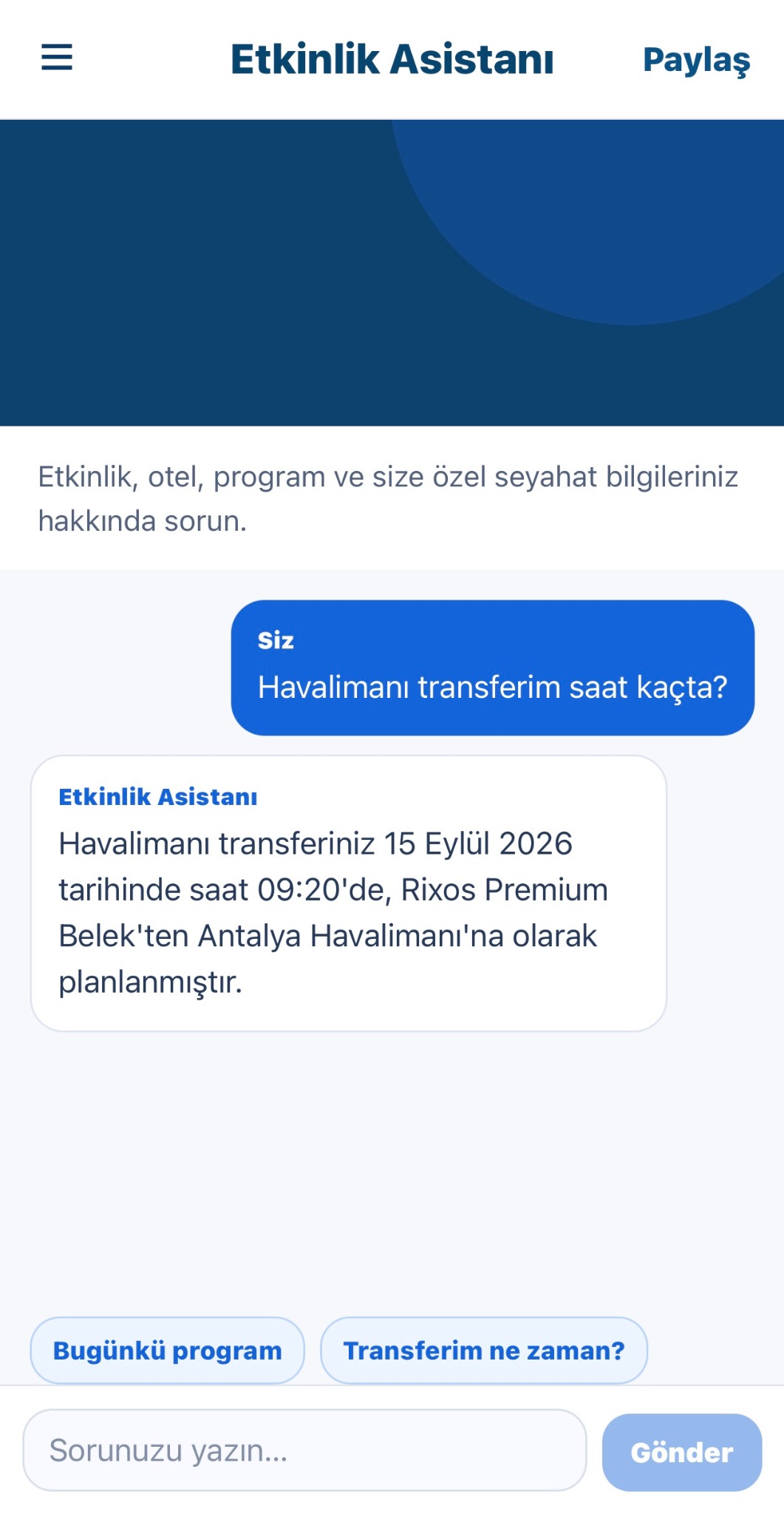 Eventra yapay zekâ asistanı ekranı