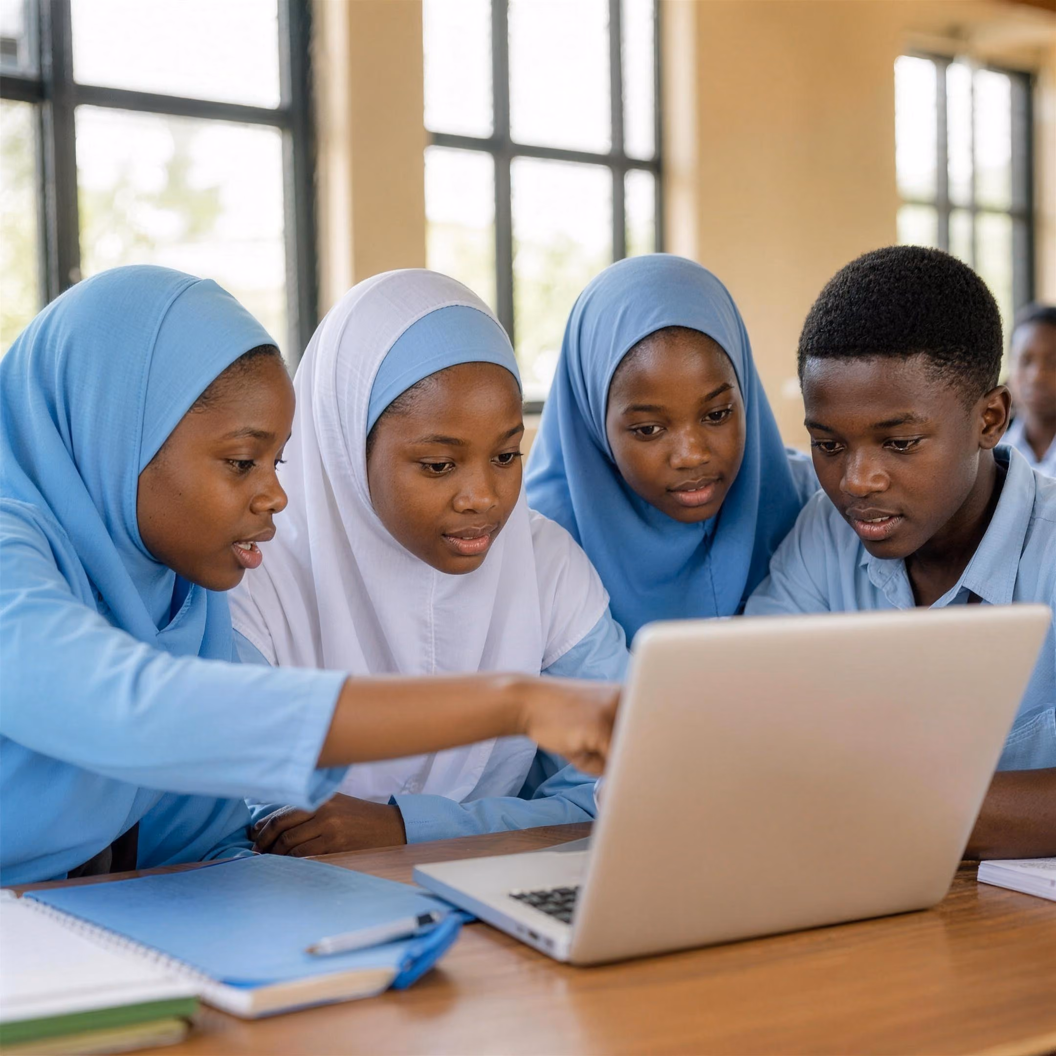 Three teenage girls in light blue hijabs and a boy lean in around a single laptop at a bright classroom desk.