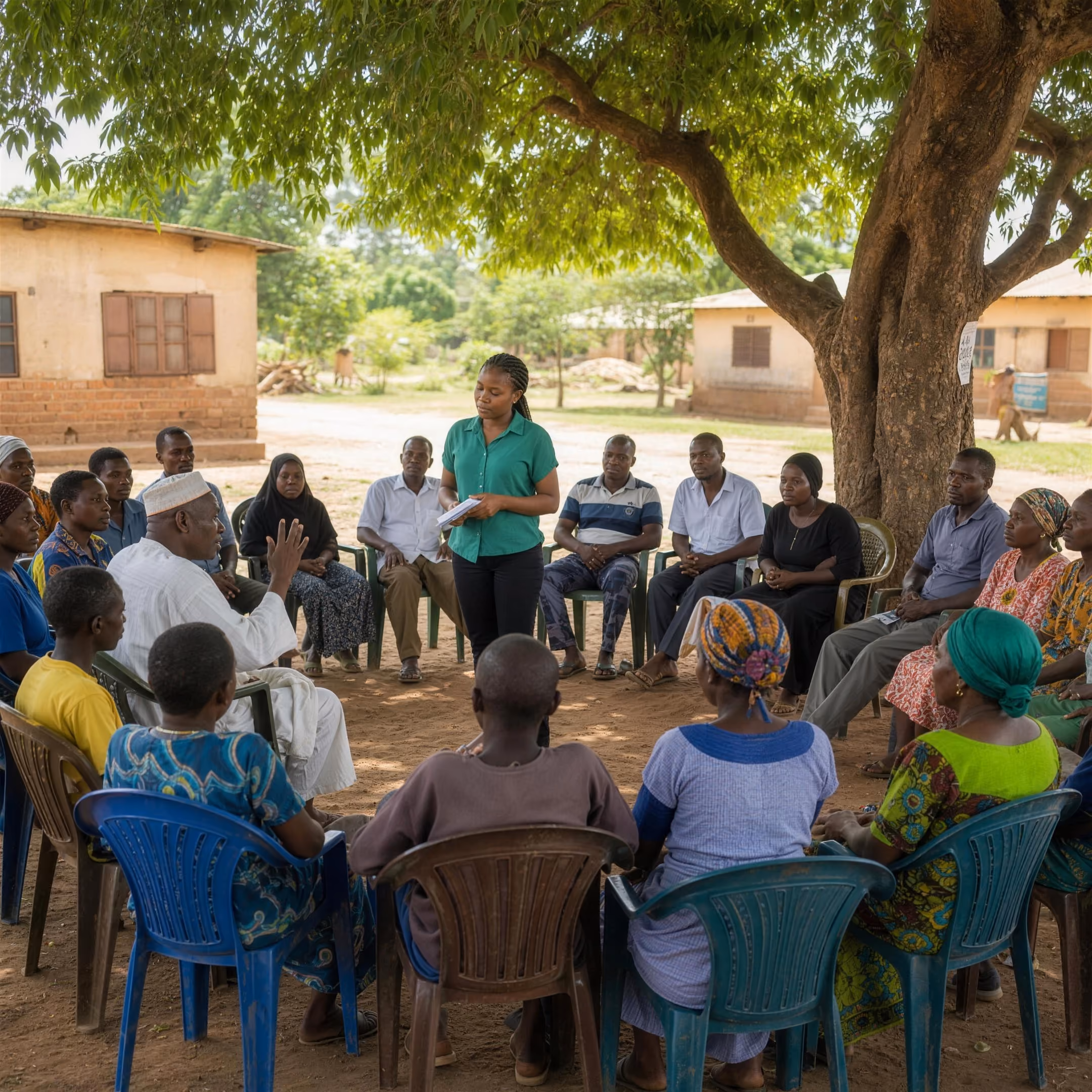 A community meeting under a shady tree, residents seated in a loose circle while a facilitator listens to an elder speaking.