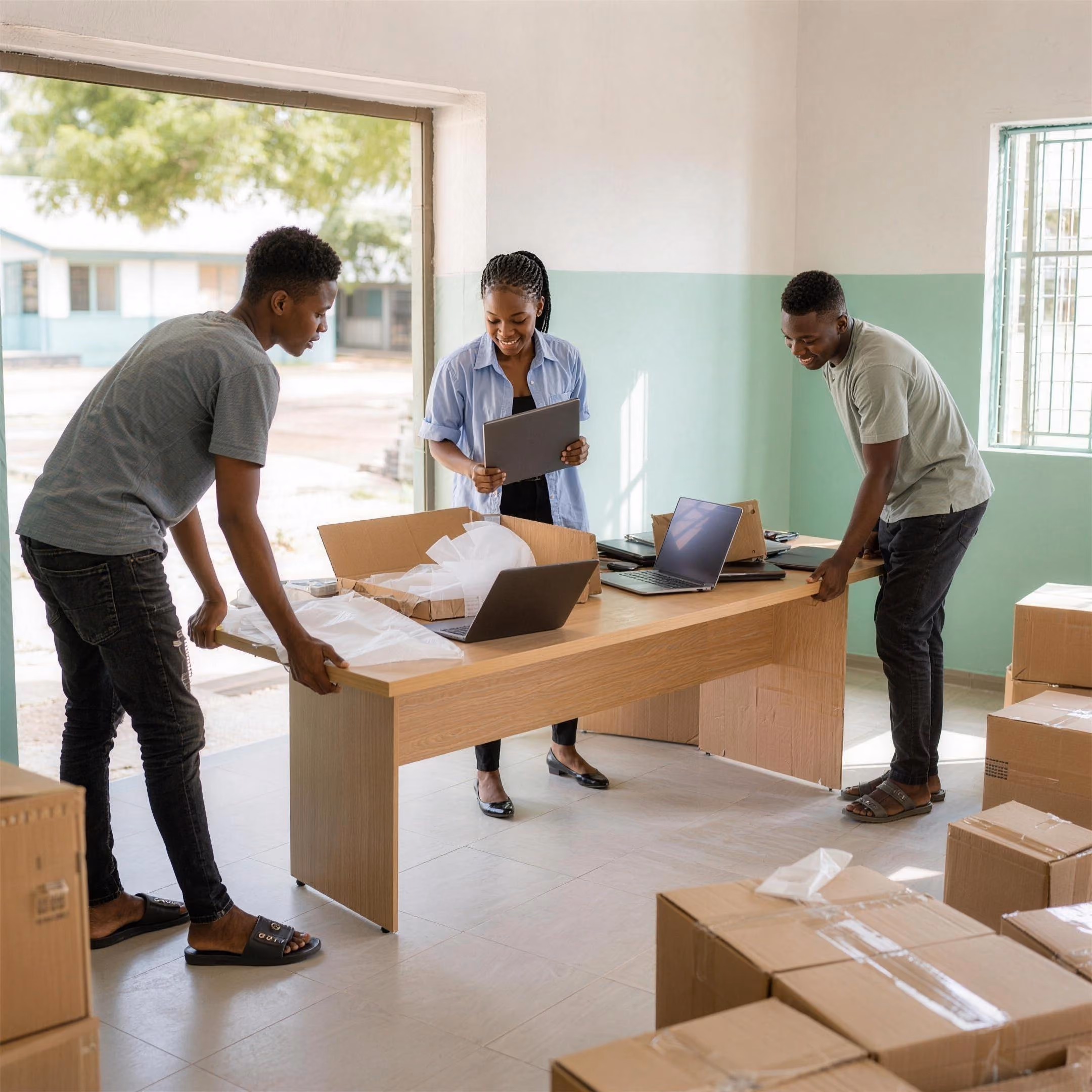 Three people carry a long light-wood table and unbox laptops in a freshly painted room with a wide open doorway.