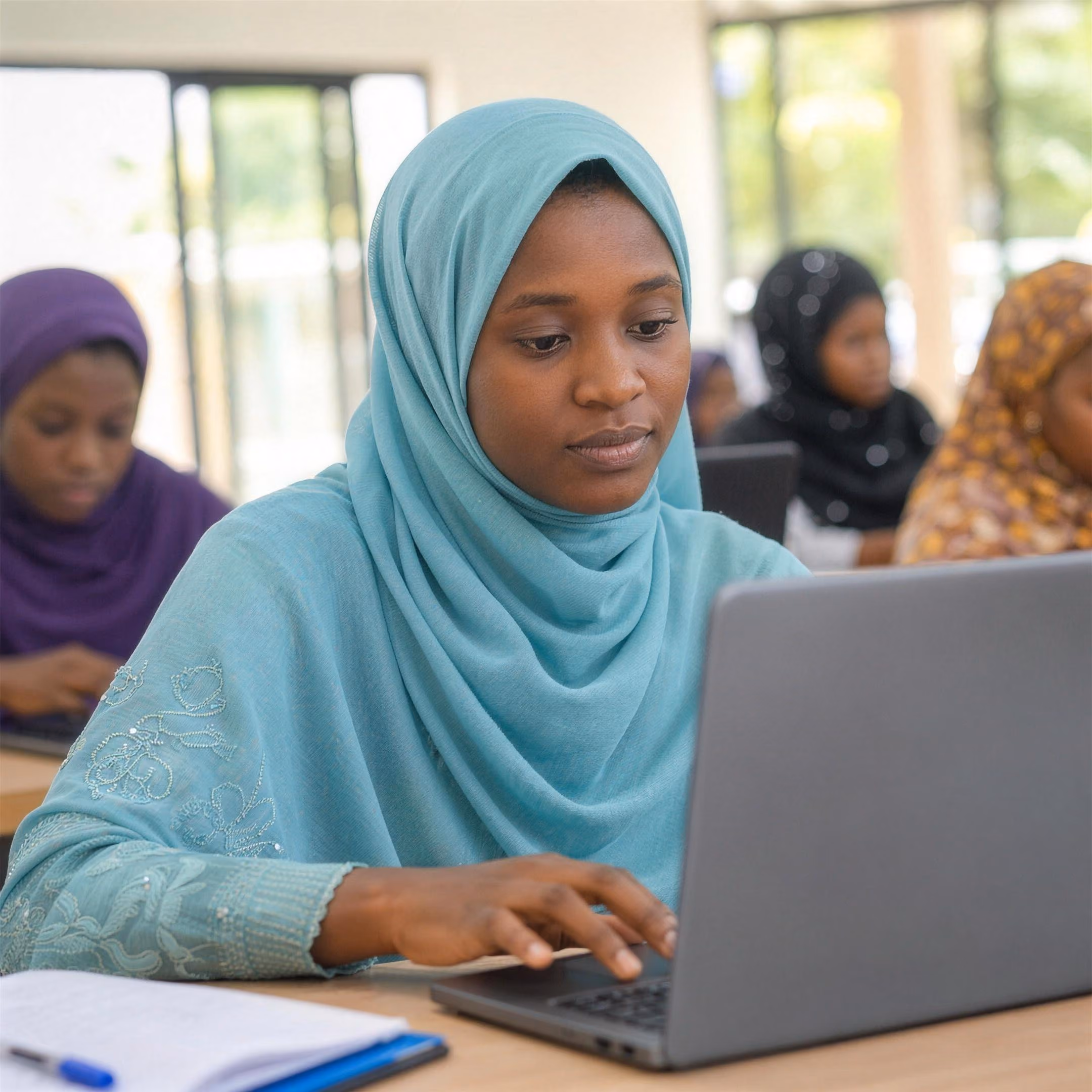 A young woman in a teal hijab works at a laptop in a bright training room, with other trainees behind her.