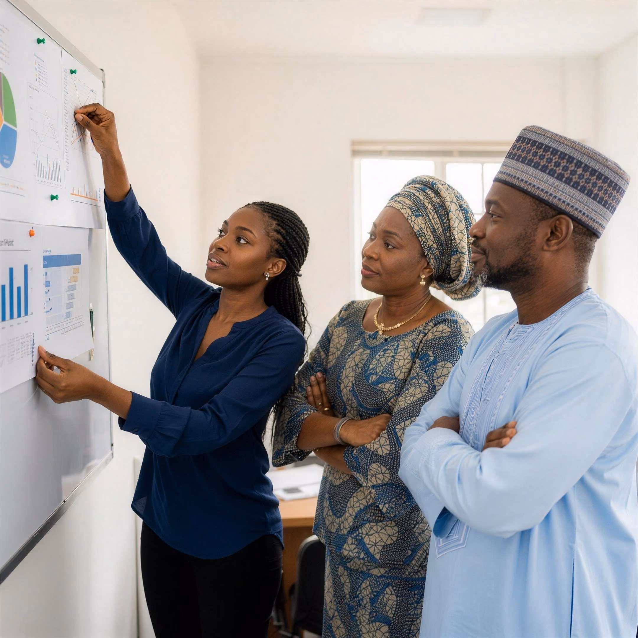 A researcher pins printed charts to a whiteboard while two civil servants study them in a bright office.