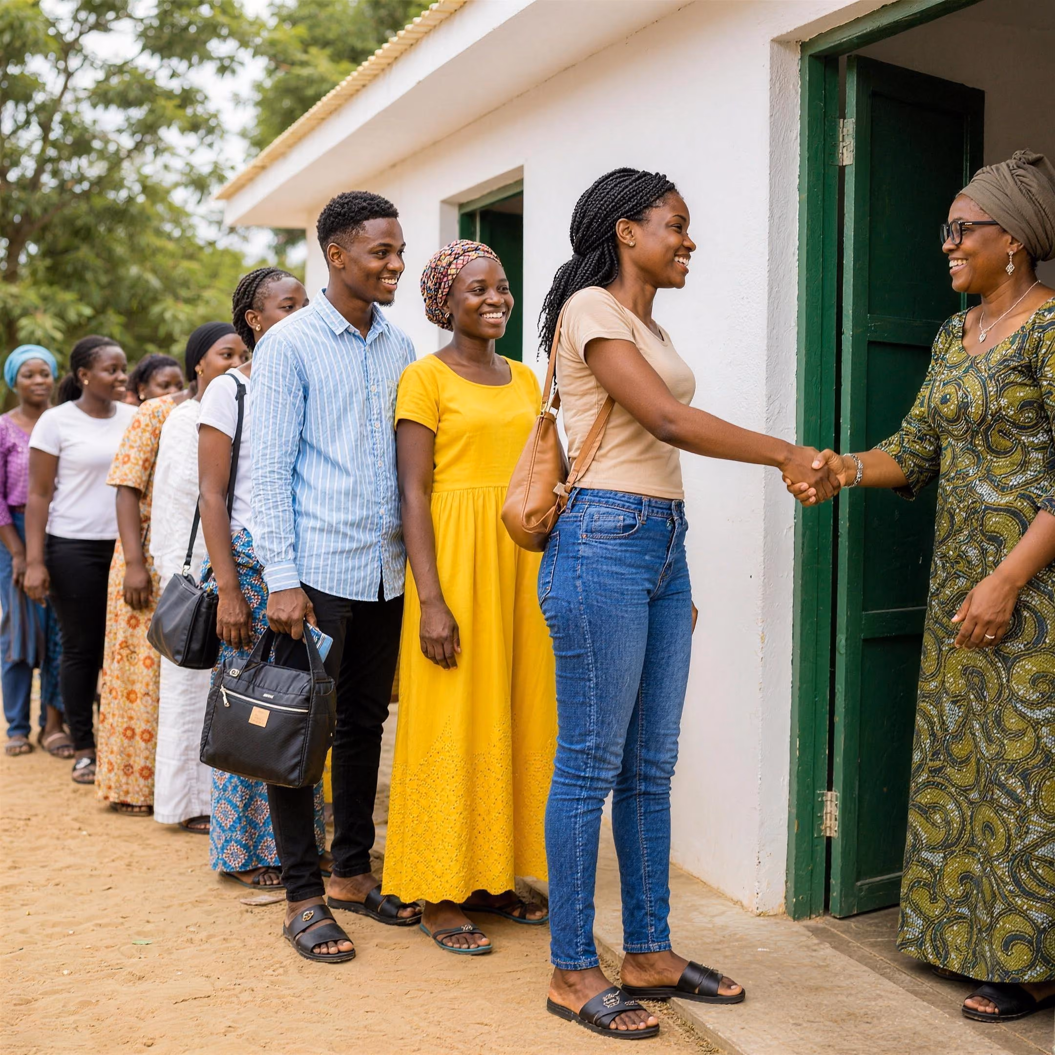 People queue cheerfully outside a small white community building with a green door while a facilitator welcomes the first person in.