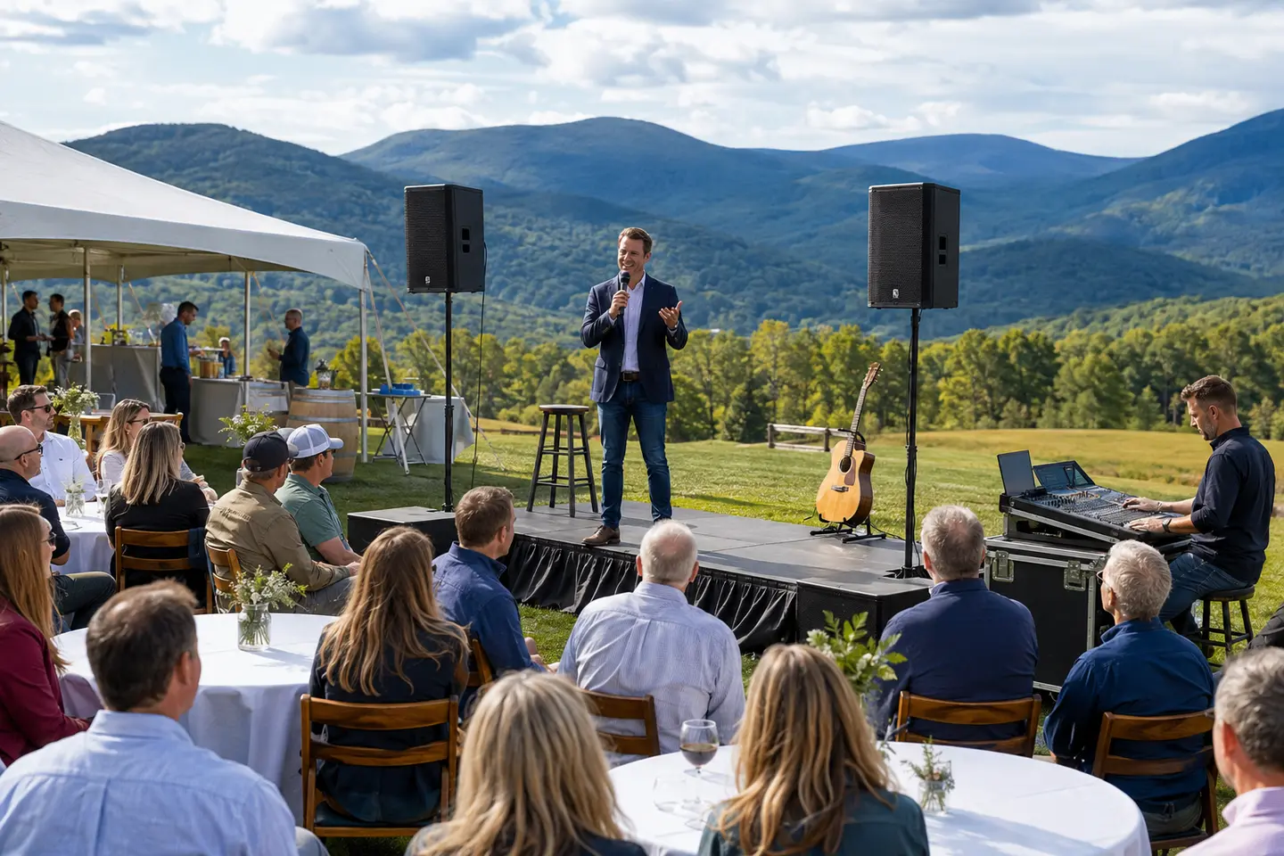 Wired handheld microphone on a stand connected to a professional PA for a Central Virginia event