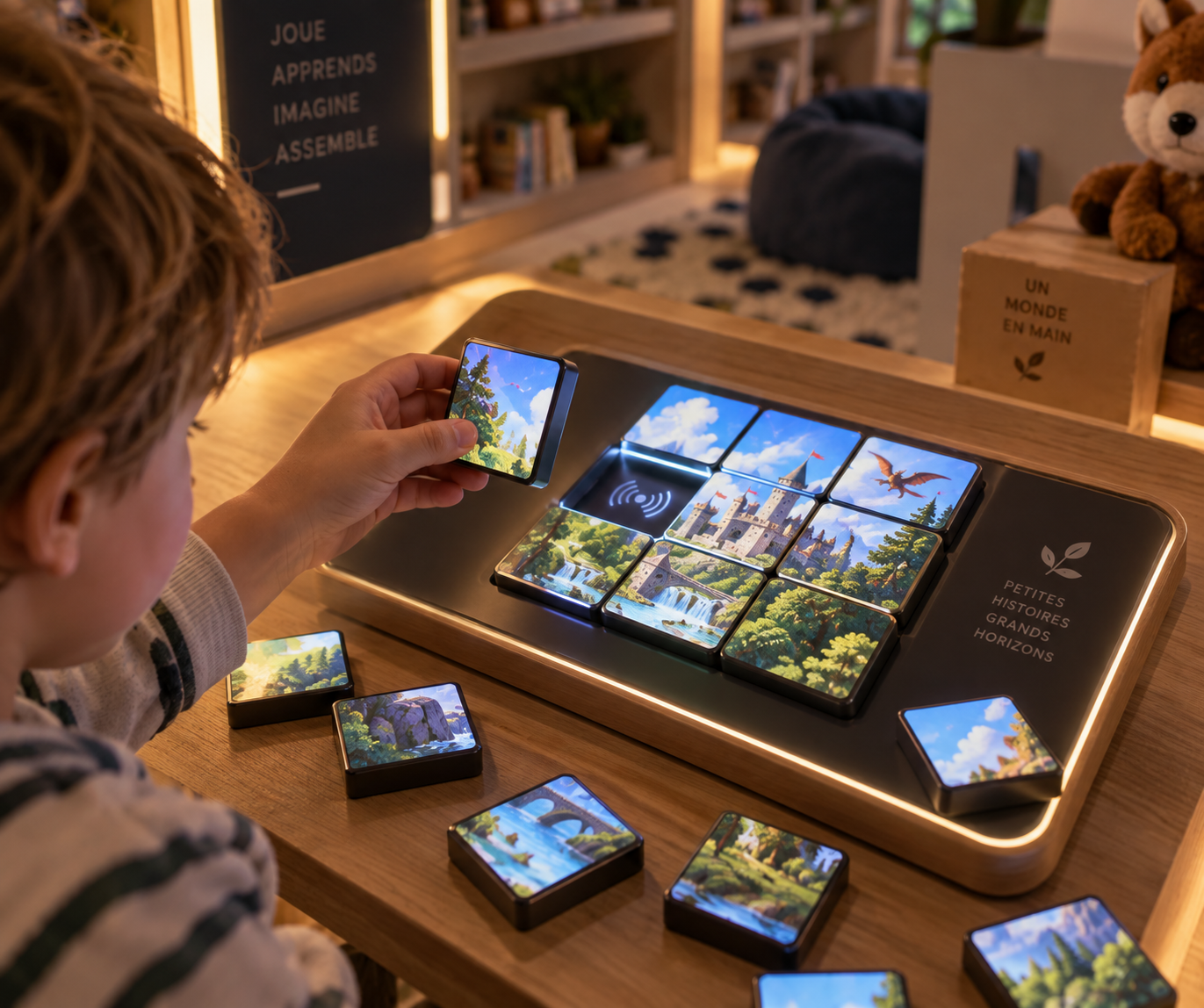 Visualisation du concept de puzzle interactif Elysion avec pièces-écrans et support de recharge
