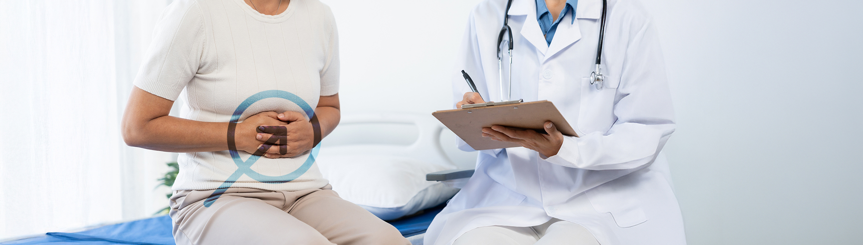 A patient holding their abdomen in discomfort with a digestive tract illustration, beside a doctor taking notes.