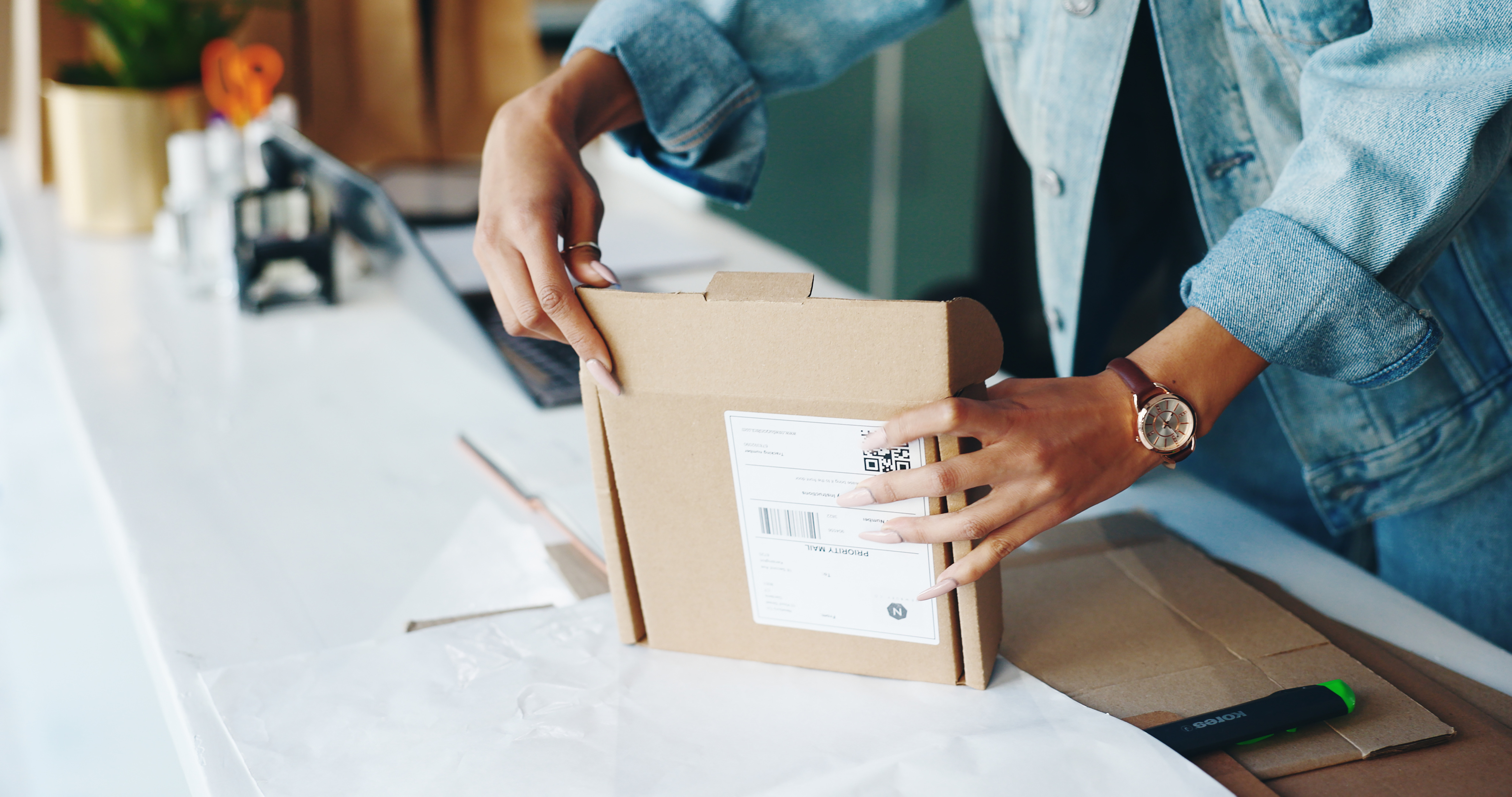 Retail order being packed and labeled for delivery