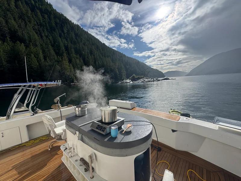 Steaming cooking pots on Surfrider's cockpit worktop with a mountain-lined inlet beyond.